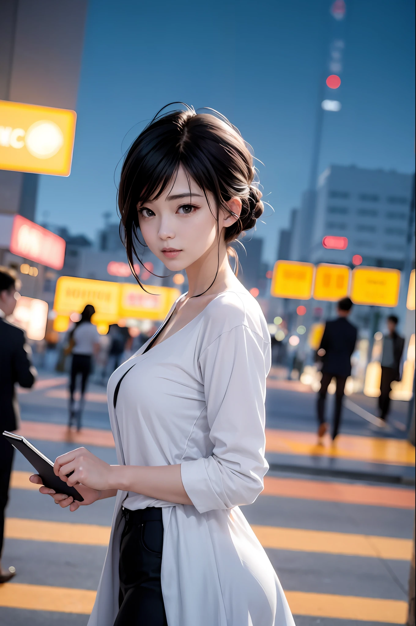 Brochure handing out、night、Beautiful Face、clean、perfect woman、(Ambient light:1.3)、(Cinematic composition:1.3)、(Neon lights:0.1)、(flcl:0.1)、accent lighting、event