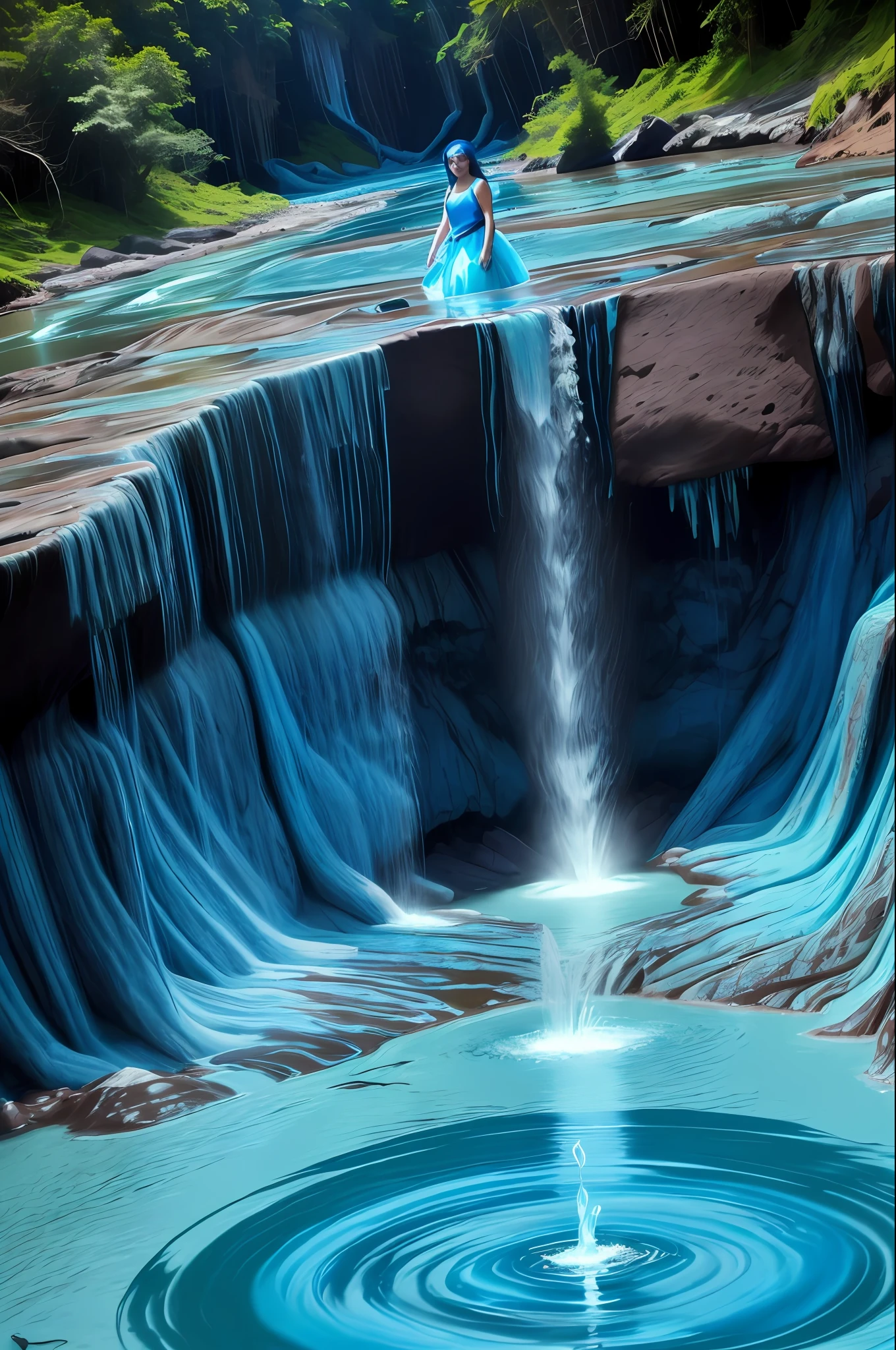 (****** por Fullwater:1), (liquid body, liquid, water, pele azul: 1), em cachoeira, fundo de fantasia, blue lighting, artistic, wearing blue strap dress, (medium closeup), water evaporating