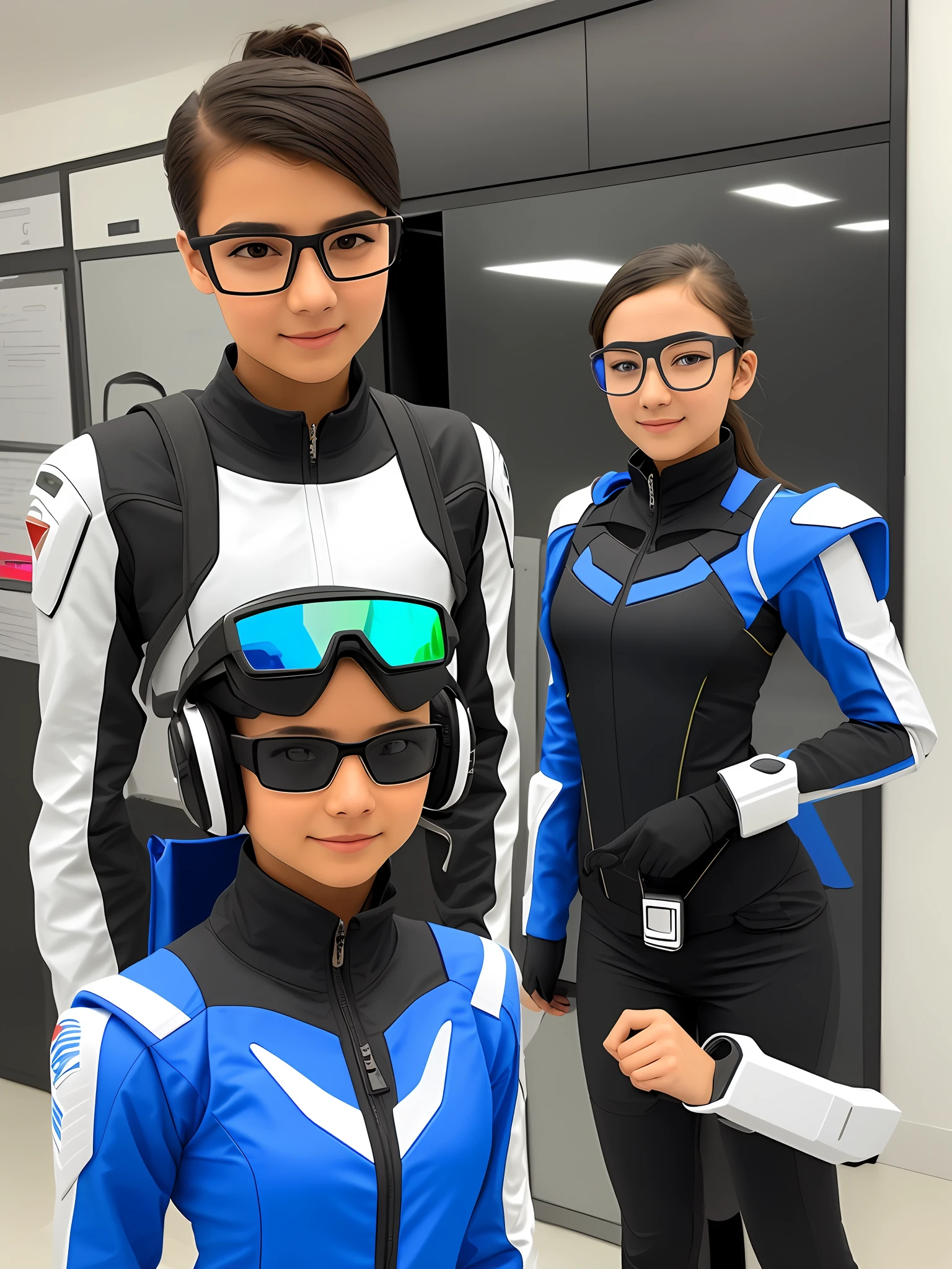 Student in futuristic costume and virtua reality glasses