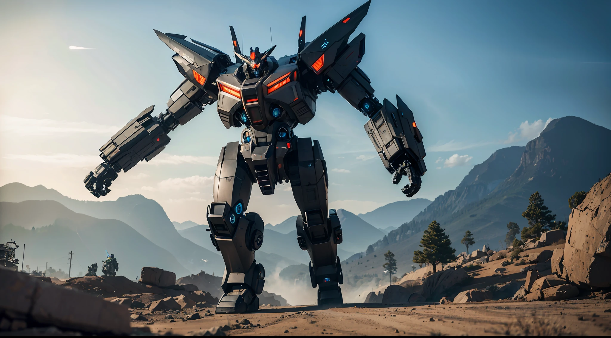 environmental wide angle shot of a giant futuristic mechs, action shot, full body, vibrant, photorealistic, realistic, dramatic, dark, sharp focus, 8k