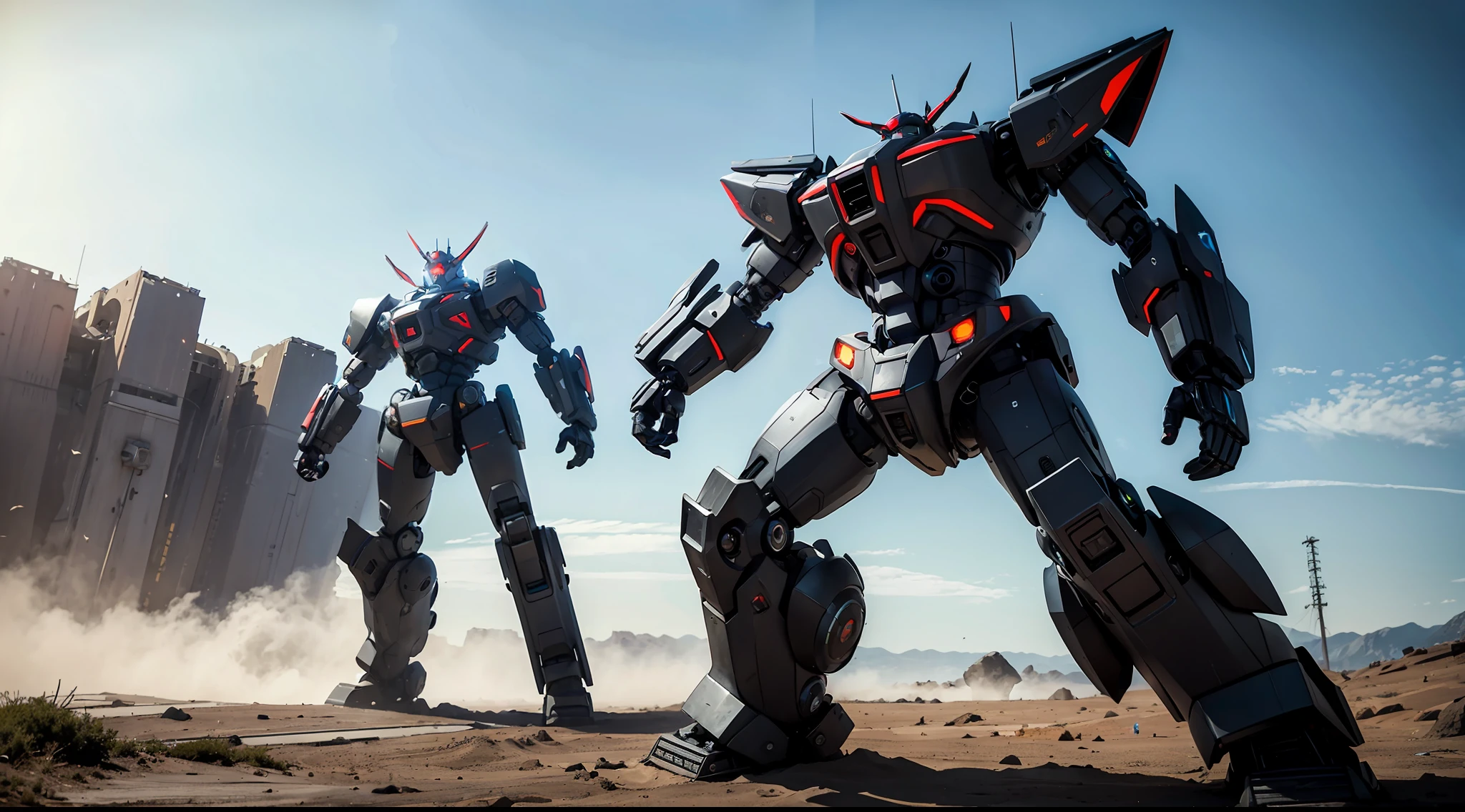 environmental wide angle shot of a giant futuristic mechs, action shot, full body, vibrant, photorealistic, realistic, dramatic, dark, sharp focus, 8k