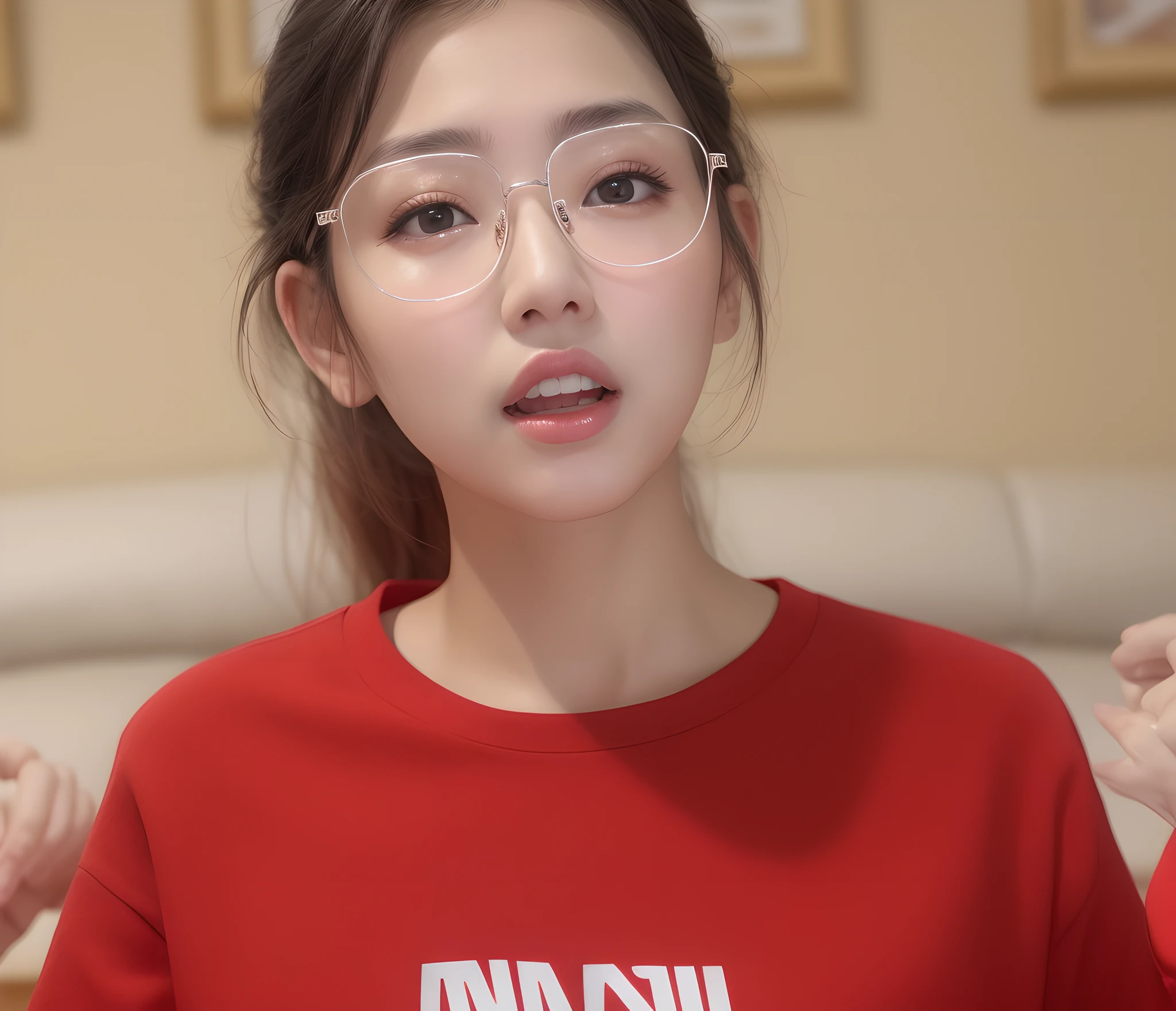 a close up of a person wearing glasses and a red shirt, wan adorable korean face, korean girl, gorgeous young korean woman, beautiful south korean woman, with glasses, young adorable korean face, heonhwa choe, beautiful young korean woman, korean woman, gorgeous chinese model, jaeyeon nam, cute korean actress, she is korean, wearing thin large round glasses