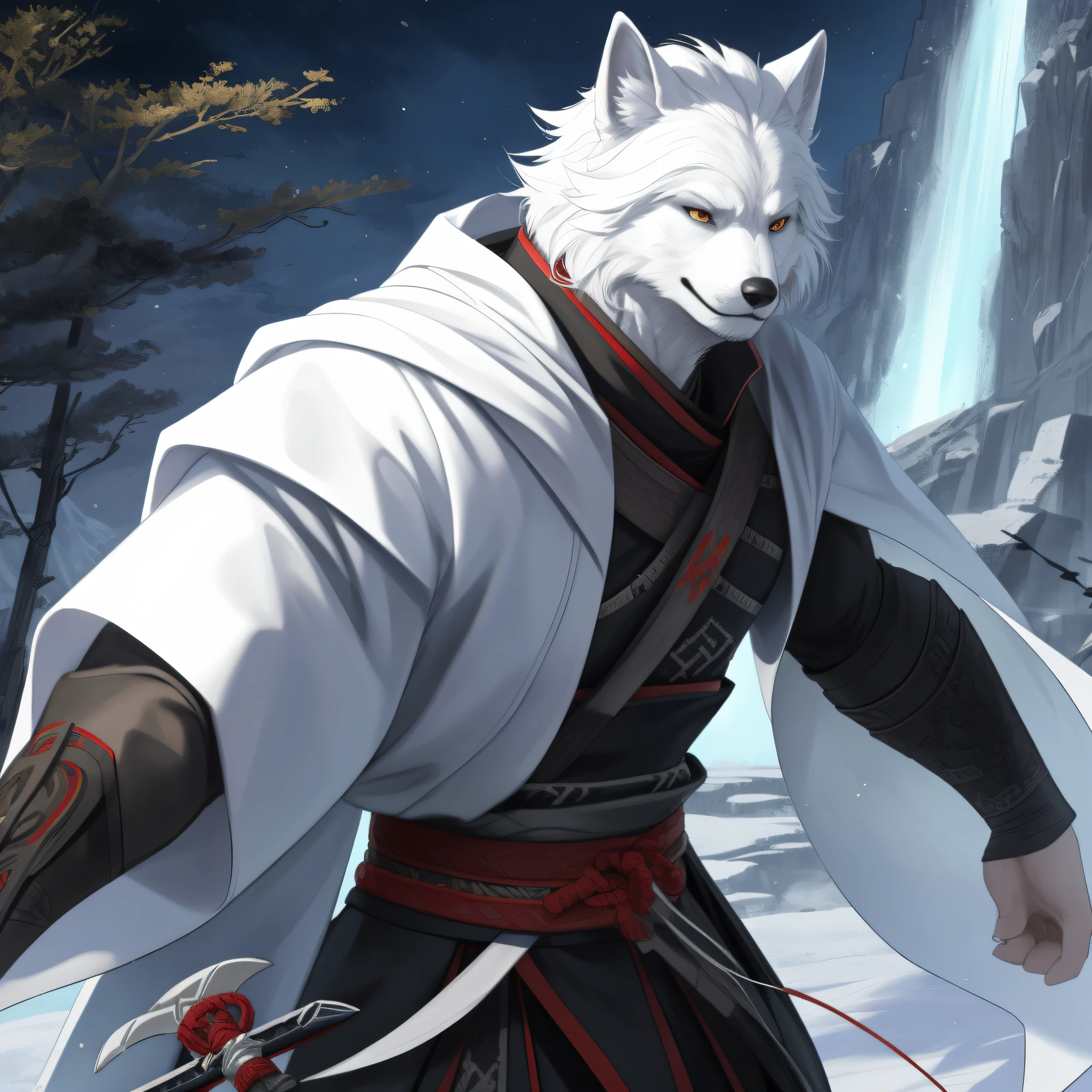 white coat,White cloak,Ruan Jia,Pinodani,Dark Gems,Dimwitt Dog,Muscle werewolves,(bdetailed face),(Detailed fluffy fur)Wandering samurai,ancient wind