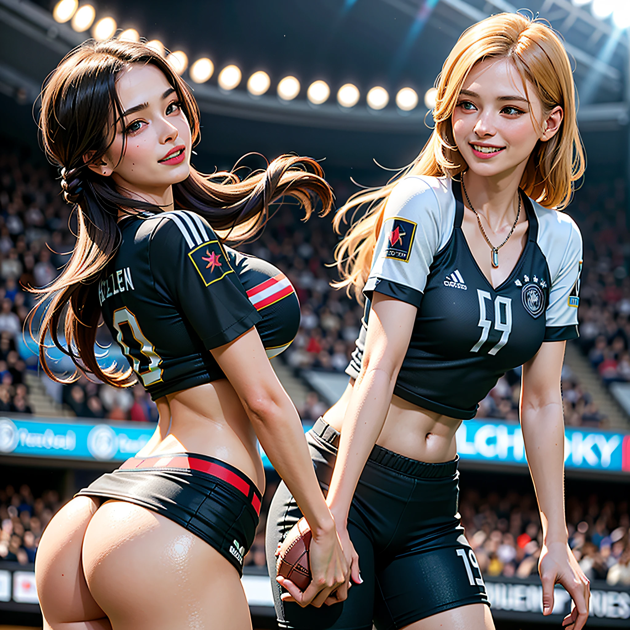 1girl, long hair, smile, hairstyle, ((Germany sleazy football shirt)), top and bikini, big breasts, big ass, (curvy), professional makeup, necklace, football stadium vacation, dynamic light, dynamic angle, (seductive poses), beautiful curves