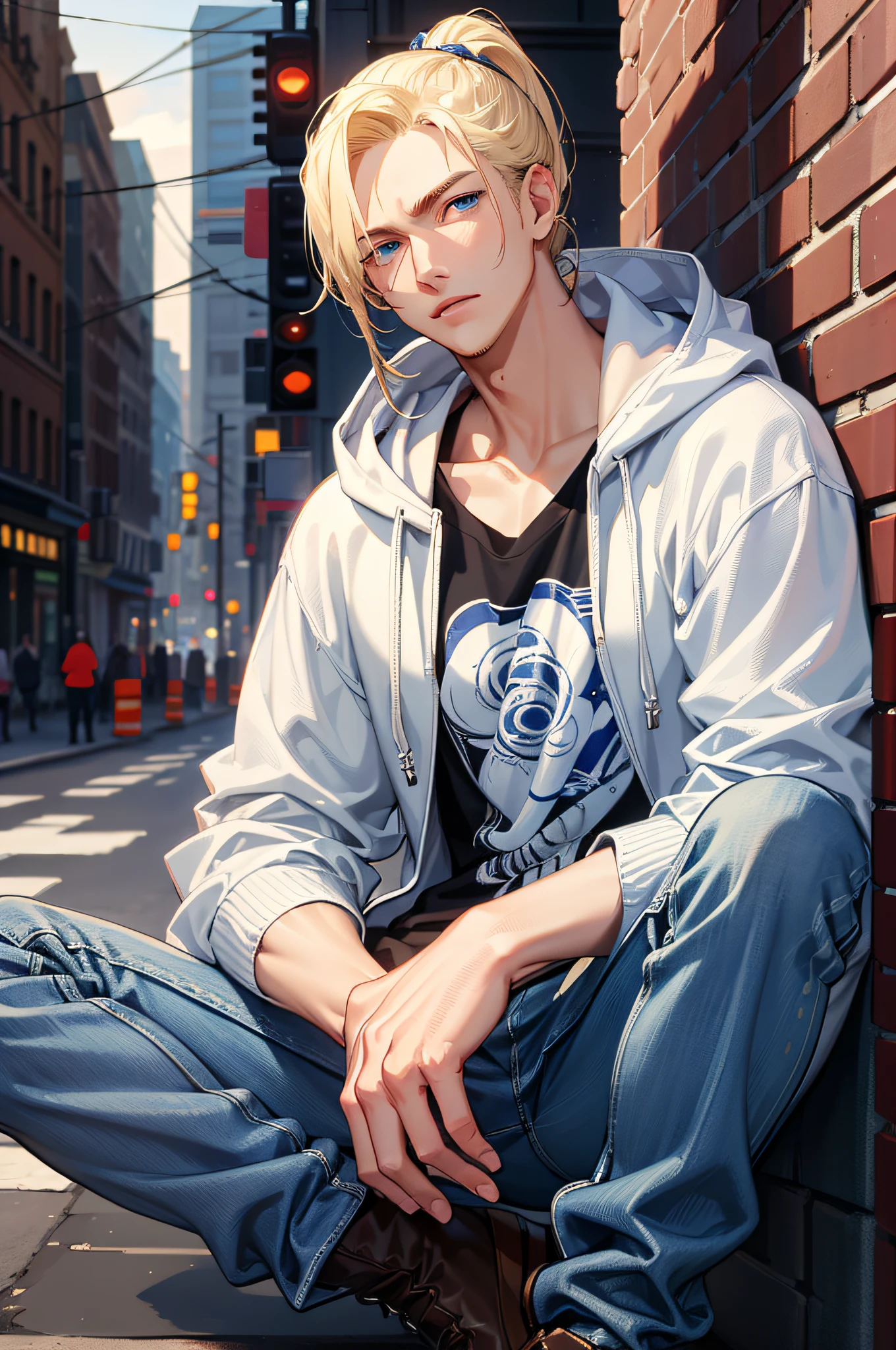 Masterpiece, high quality, absurdes, a guy, blonde hair, ponytail, detailed eyes and face, blue eyes, handsome face, charming, kind, relaxed, charismatic, perfect face, hoodie, long cardigan, lab coat, t-shirt, jeans, boots, city street background, intricate details, complex lighting