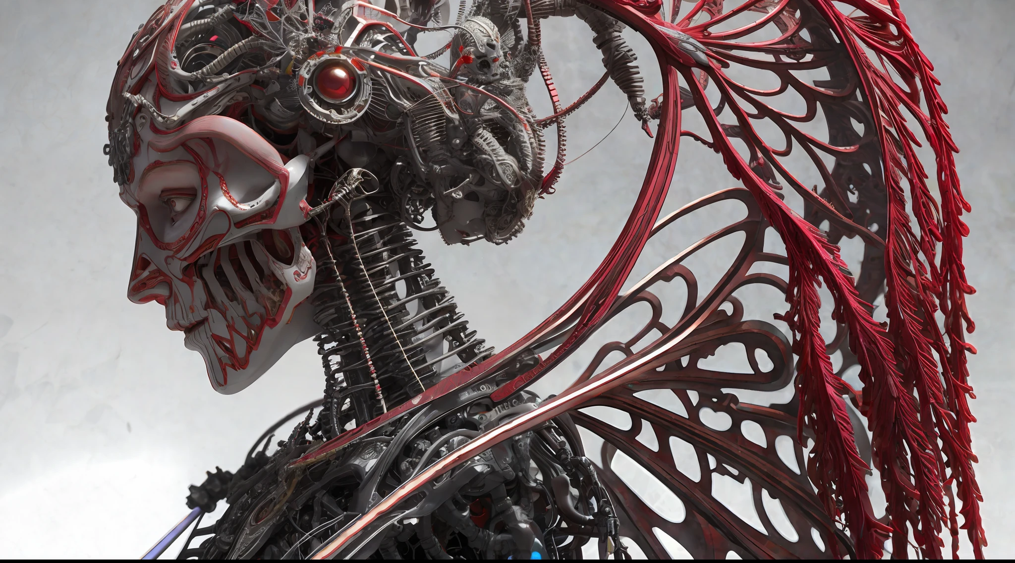 Intricate 3d rendering ultra-detailed beautiful angel of death, biomechanical robot, simulated 150mm lens, beautiful natural soft edge light, neon veins, roots, delicate leaf lace, colorful details, Boris Bidjan Saberi costume, pearl earrings, piercings, art nouveau fashion embroidery, intricate details, mesh lines, Mandelbrot fractals, facial muscles, cables, microchips, villains, surreal, ultra-detailed, octane, volumetric lighting, 8k and post-production, red The white has a little bit of black, Metal Skeleton Details, Half-Human, Iridescent, Glenn Brown Style, Futuristic Room, Power of God, High Angle Shot, Complex Body Poses