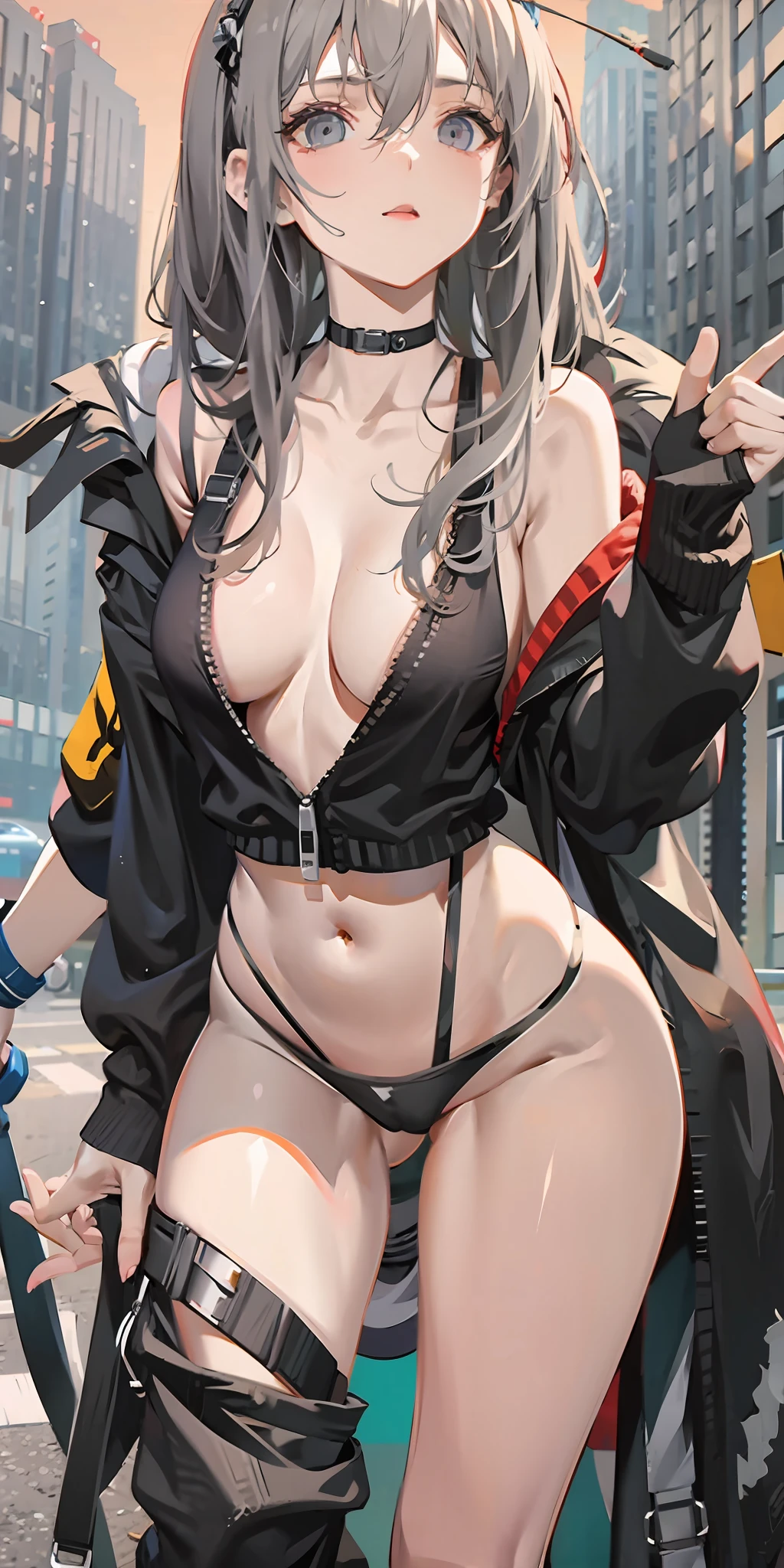 Long legs，length hair，grey hair，cyberpunk，Depth-Of-Field，Blur the background，thong Pants，naked，，Flat milk，cleavage，Vaginal fissures，oral-sexy