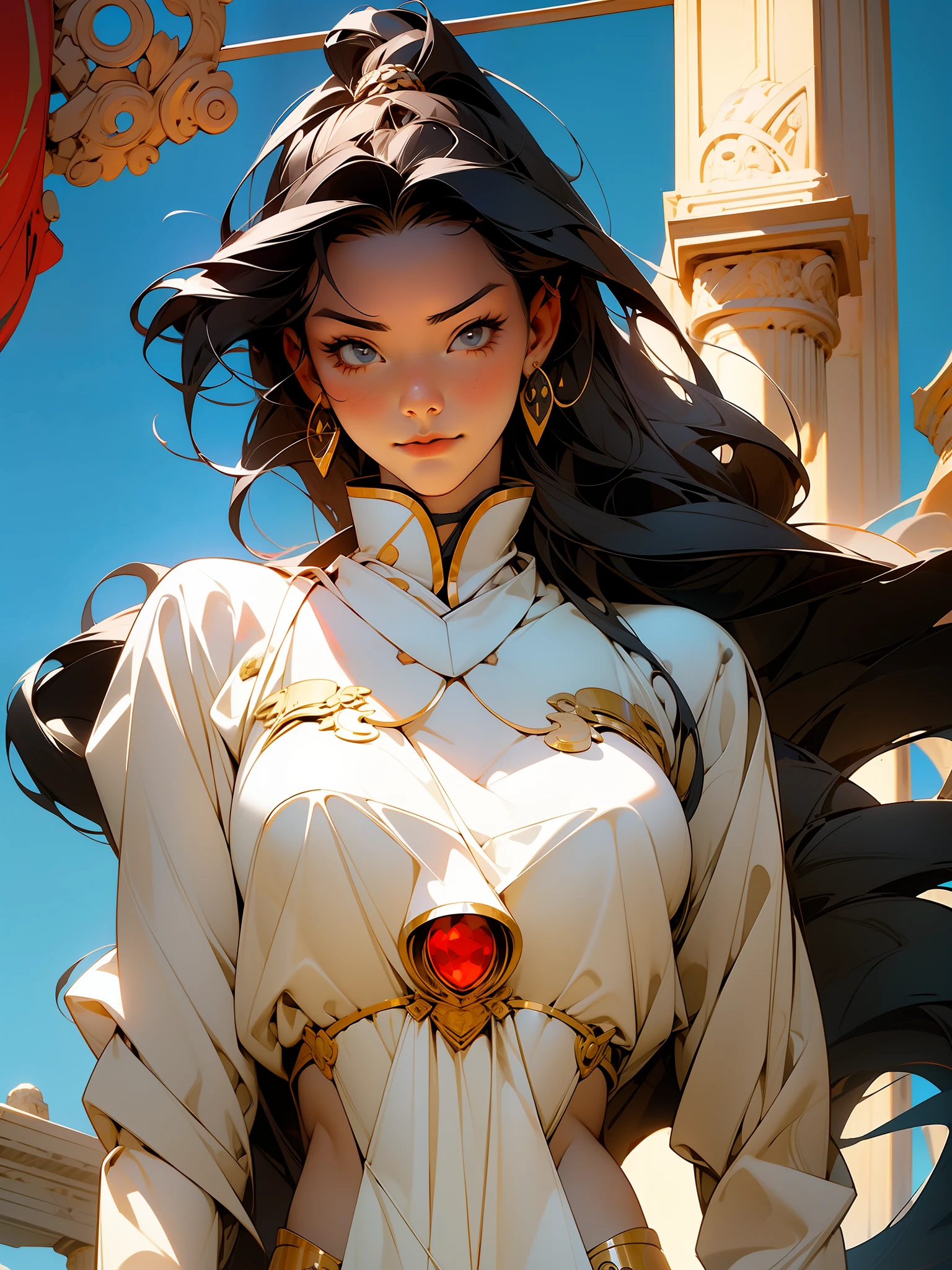 a masterpiece、, flat color, black hair, 1 girl, View Viewer, long hair, solo,mecha, ancient art, Chines,