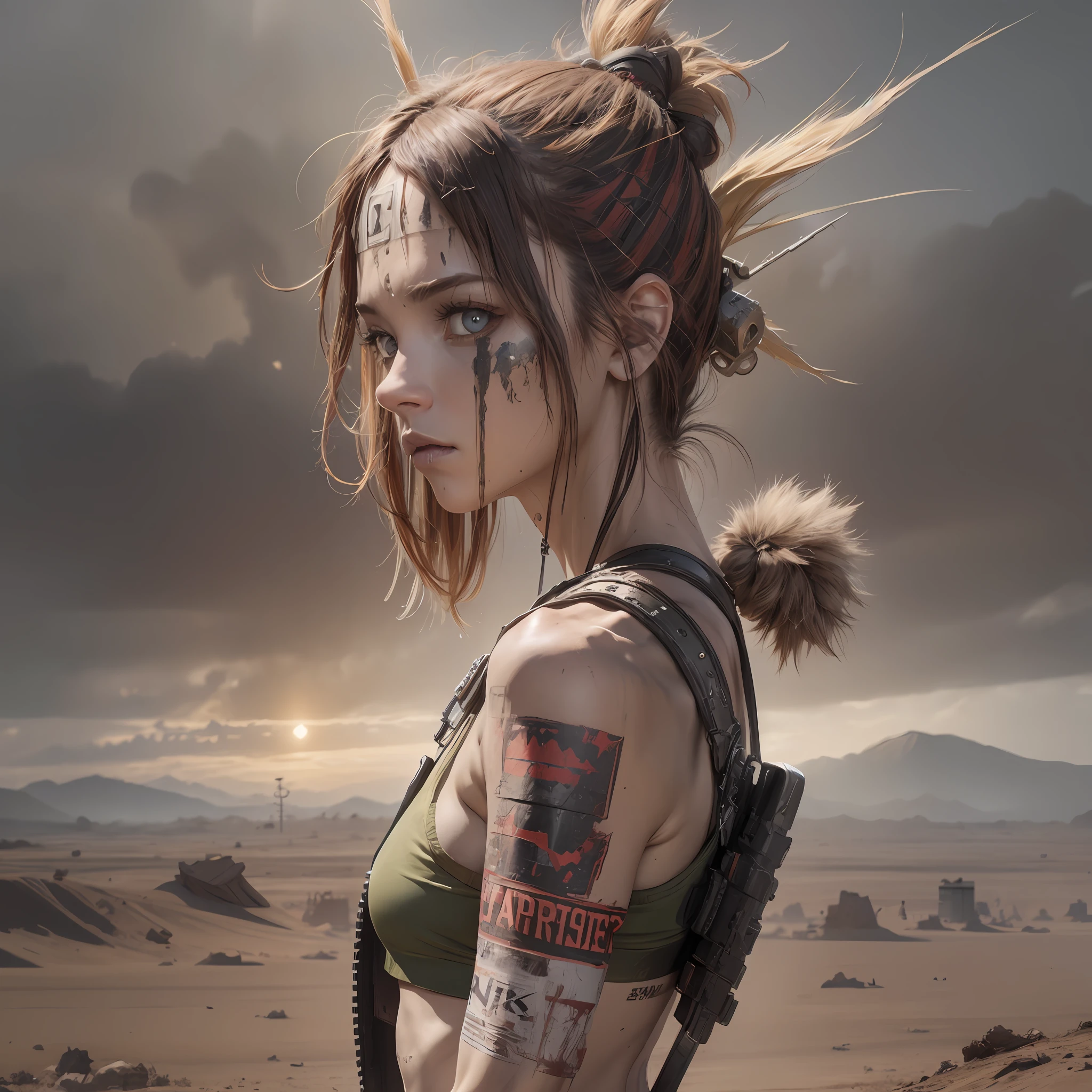 arafed woman with a gun and a tattoo on her arm, in a post-apocalyptic, Wojtek FUS, badass anime 8 k, CGSetivity 8K, CGSetivity 8K, CGSetalidade 8K, Octane CGsociety, em um post-apocalyptic wasteland, Cyberpunk 2 0 e. o modelo , trending on artstation 4k, cinematic cgsociety