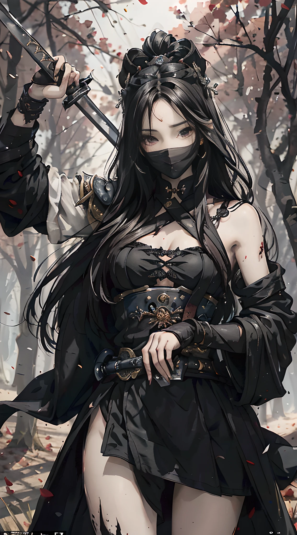 Masterpiece, highest quality, extreme clarity, 1 female warrior with a black cloth covering her face, long black hair, body wearing Hanfu, ((her hand holding the hilt of a sword)), the sword looks sharp, the sword is stained with blood, and the background is set in the woods