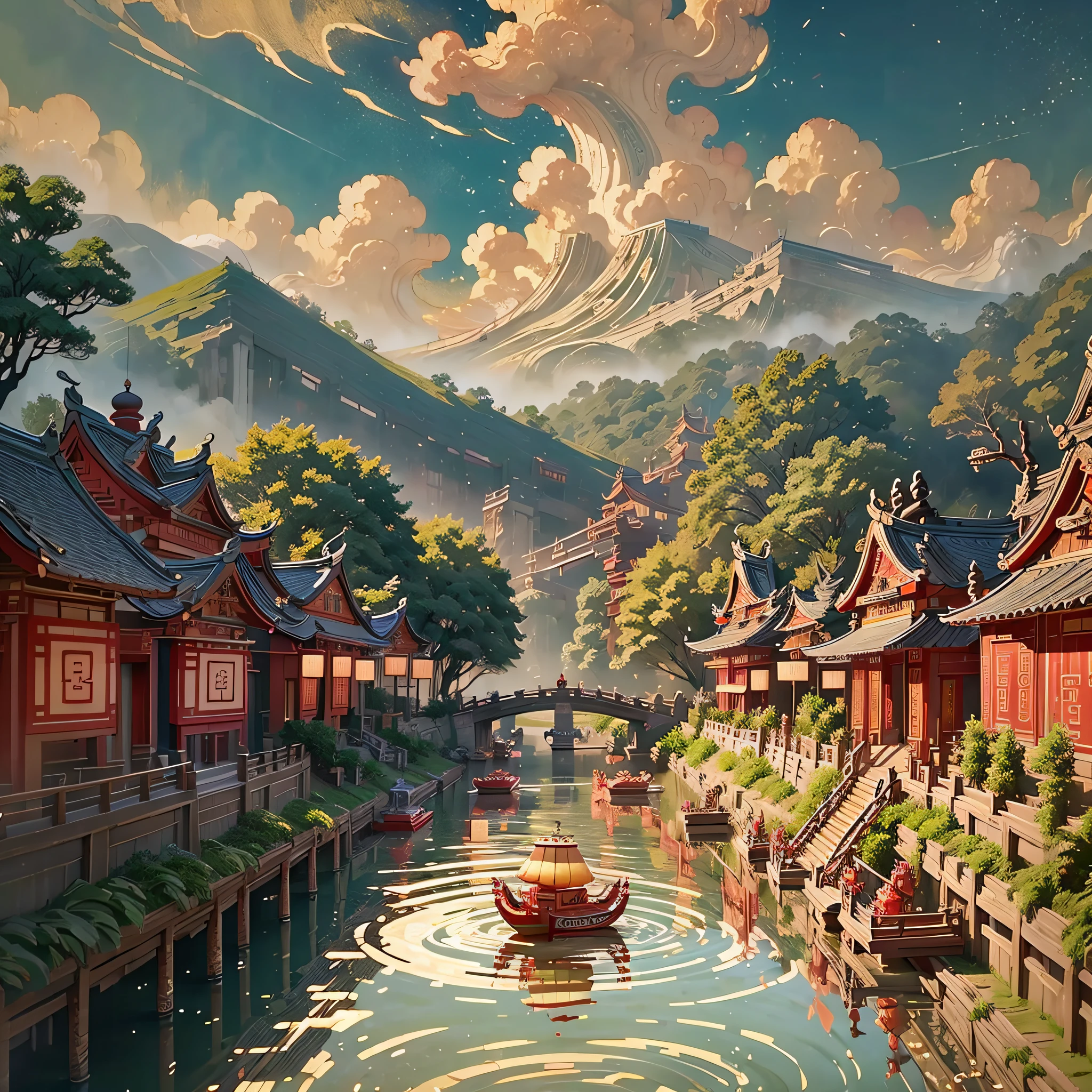 Dragon Boat Festival season，Antique traditional folklore，The inheritance of ancient Chinese culture。(rice dumpling、Wormwood、dragon boats、Five beatitudes)Four auspicious things have appeared，Faucets on the lake soar into the air，Dragon boats tumbling on water，Voices，Laughter。In such a scenario，Depicts the excitement of the Dragon Boat Festival、Cheerful、A mysterious landscape，Many of the main elements will be stunningly displayed through the Stable Diffusion model。 --auto --s2