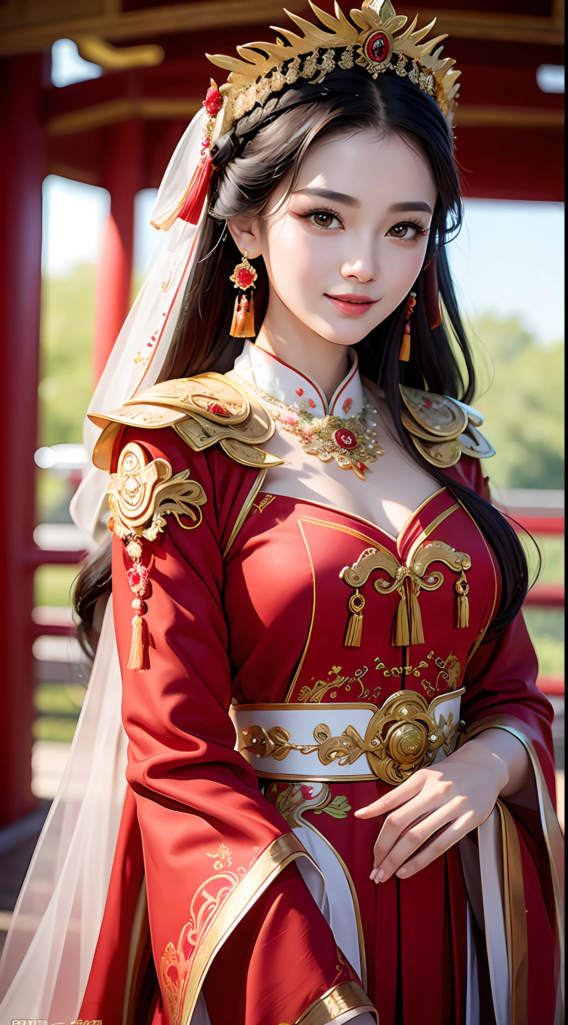 (8k, RAW Photo, Best Quality, Masterpiece: 1.2), (Realistic, Realistic: 1.37), 1 Girl, Aalfi Woman Posing for Photo in Red Dress and Headdress, Gorgeous Role Play, Beautiful Costume, Complex Fantasy Dress, Beautiful Fantasy Queen, Chinese Dress, Complex Dress, Complex Costume, Traditional Beauty, Gorgeous Chinese Model, Chinese Costume, Inspired by Lan Ying, Wearing Gorgeous Costume, Inspired by Puhua, wearing elegant Chinese Xiuhe dress, Chinese wedding dress, Phoenix crown Xia hand, antique bride, show dress, close-up, close-up, smile