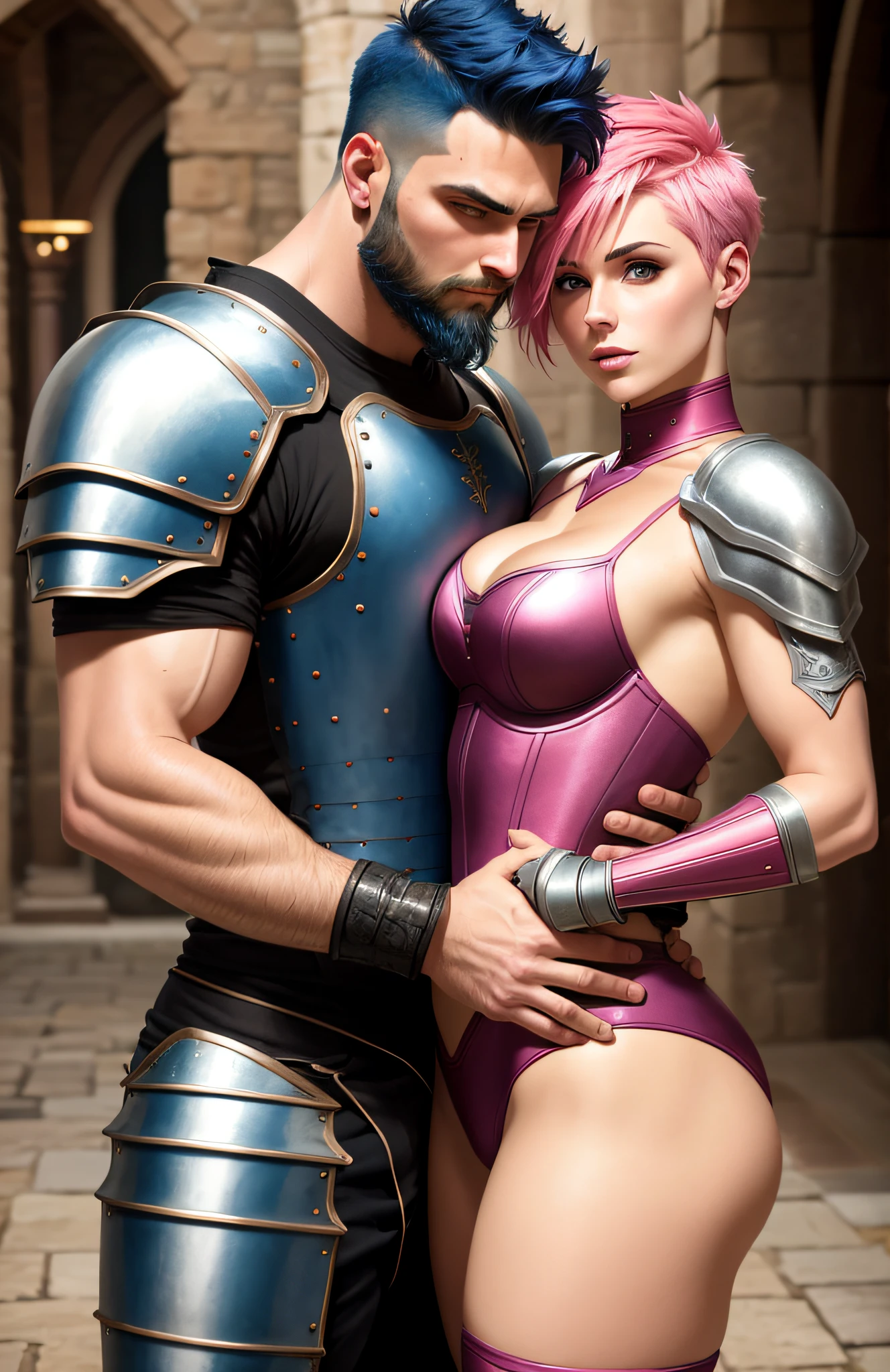 Man with short blue hair and extremely sexy short beard hugging woman with short pink hair. Both extremely muscular and sexy. Ultra detailed medieval armor.