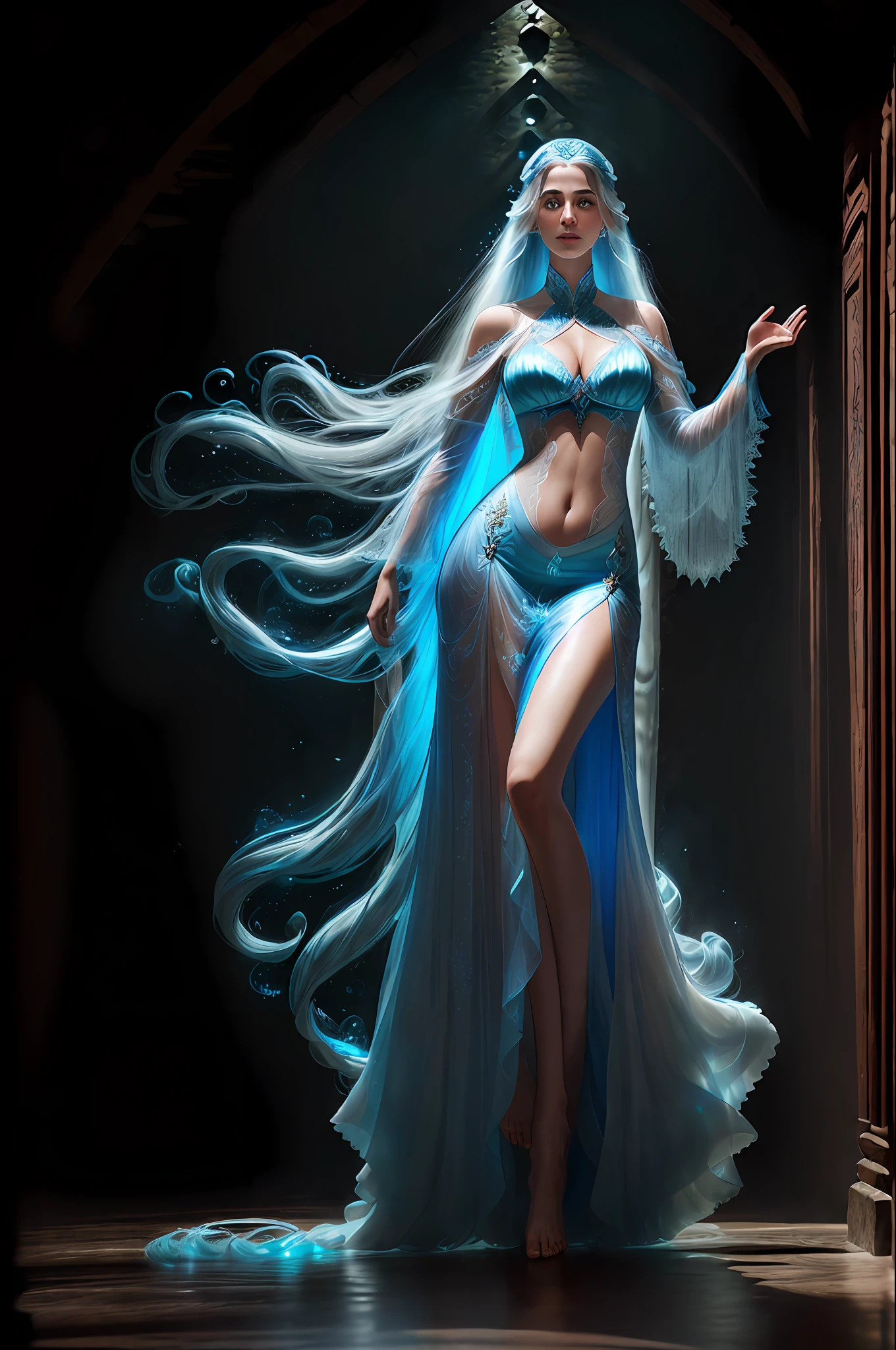 ((Close medium shot)), ((Bela mulher fantasma)), ((Long, flowing hair)), (translucent), (azul brilhante transparente), (ethereal), (sobrenatural), (em vestido medieval rasgado e esfarrapado fluindo), (barefoot), (flutua no ar), inside the corridors of an old hall with a waterfall , (flutuante), (interior escuro), particle effects, (dynamic pose), (good composition), (subtle lighting), (premiado), (breathtaking), (obra-prima),