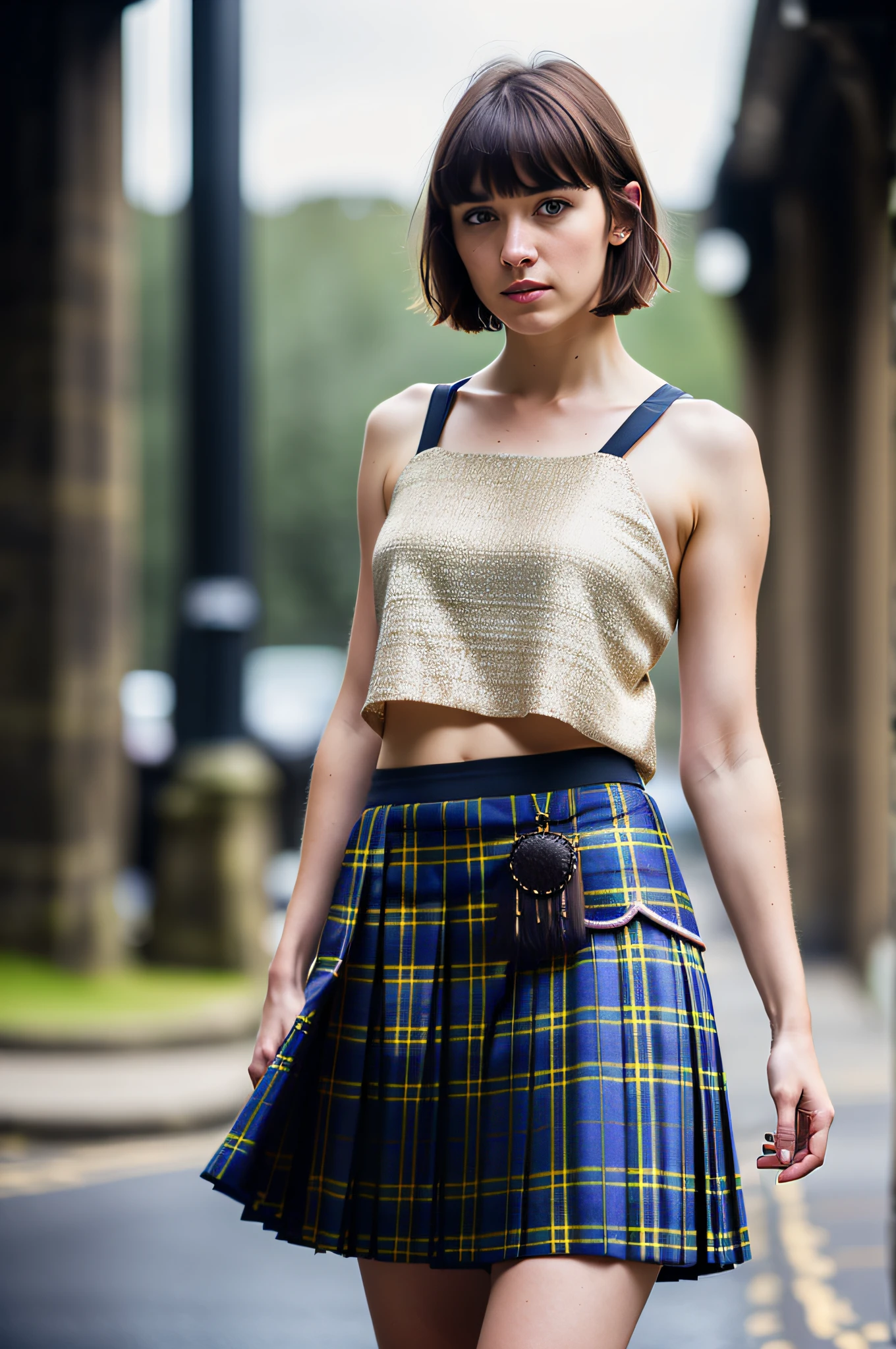 world press photo winner, (award-winning photography:1.3), (young Scottish woman, beautiful face, young woman, pale skin tone, brown eyes short hair, bangs, typical Scottish features:1.4), (very sharp photo:1.1), (8k, RAW photo, best quality:1.3), (realistic, photo-realistic, feminine, sensual clothing:1.1), Night, City street, wet, rain, dark, Portrait of a (beautiful typical modern Scottish woman outdoors:1.5), analog style ( smooth skin texture) (film grain:1.3), (warm hue, warm tone:1.2), close up, cinematic light, sidelighting, low shadow, low lighting, moody, dark, short depth of field, full length body, no bra, braless, breasts visible, pleated skirt, Microgeometry, skin elasticity, light scattering through hair, ambient occlusion, multi-layer skin shading, facial muscle simulation, iris and pupil rendering, advanced color grading, photorealism, erotic, rgb, night, light rays, edc, rave, highres, lens flare, led,