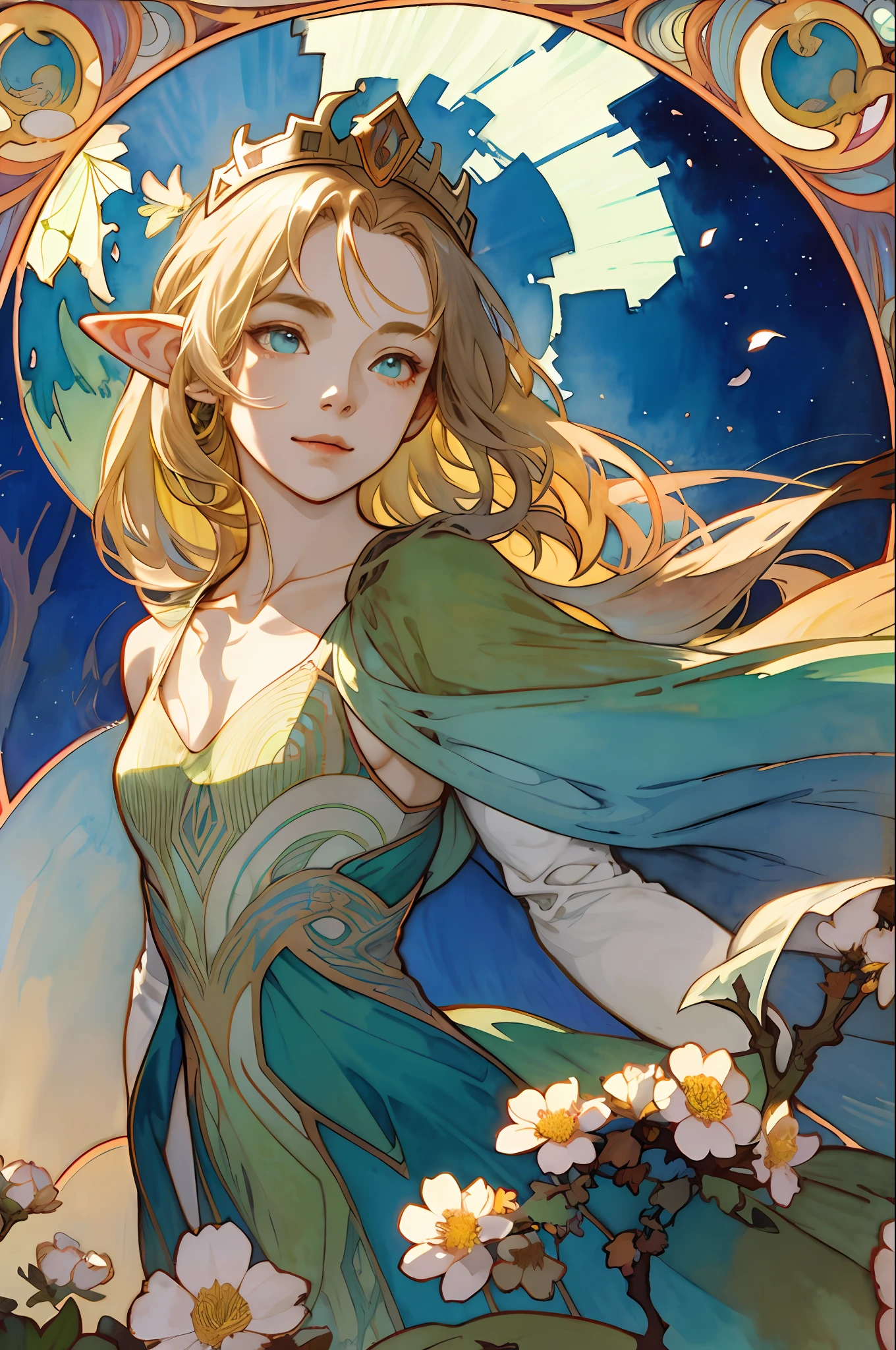 (Best Picture Award), (watercolor art), (matte), ((by Mucha)), (thick outlines), Flowing lines, (High definition, super detaill), elf, 1 girl, 16yo, Skinny,shinn,(flat breasts), Straight long hair, Beautiful golden hair, blue eye, parted bangs, Hair swaying in the wind, Simple tiara, .white skin, front facing、upperl body, Standing, Green Queen Dress, collarbone, Geometric patterns, ((small flowers)), front, Hand Down、Soft air, Gentle smile、The Magic of the Wind、