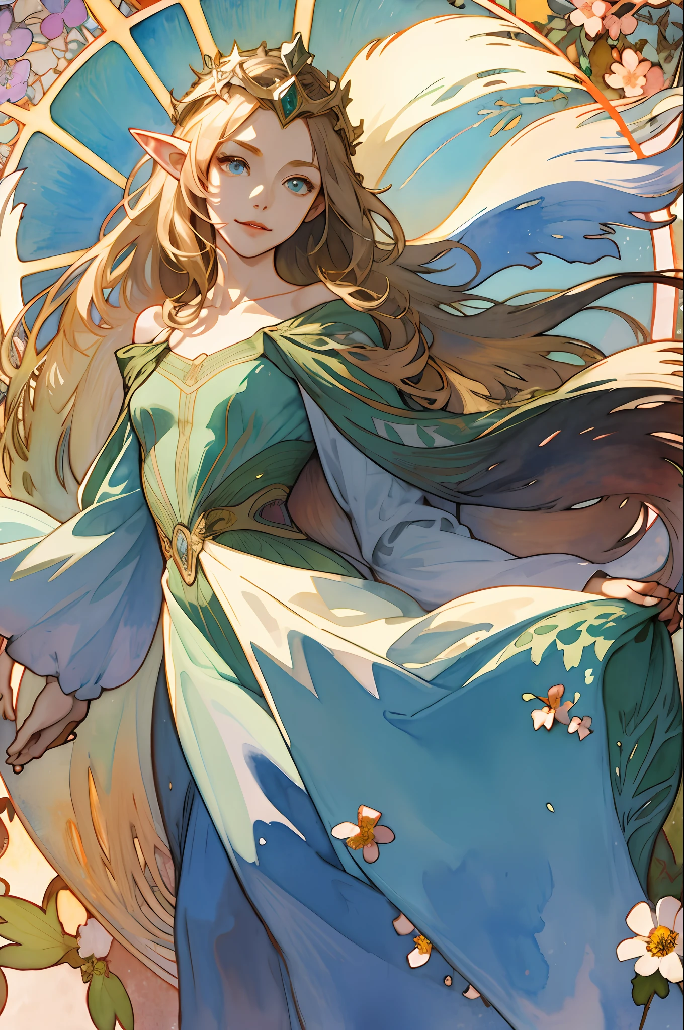 (Best Picture Award), (watercolor art), (matte), ((by Mucha)), (thick outlines), Flowing lines, (High definition, super detaill), elf, 1 girl, yo, Skinny,shinn,(flat breasts), Straight long hair, Beautiful golden hair, blue eye, parted bangs, Hair swaying in the wind, Simple tiara, .white skin, front facing、upperl body, Standing, Green Queen Dress, collarbone, Geometric patterns, ((small flowers)), front, Hand Down、Soft air, Gentle smile、The Magic of the Wind、