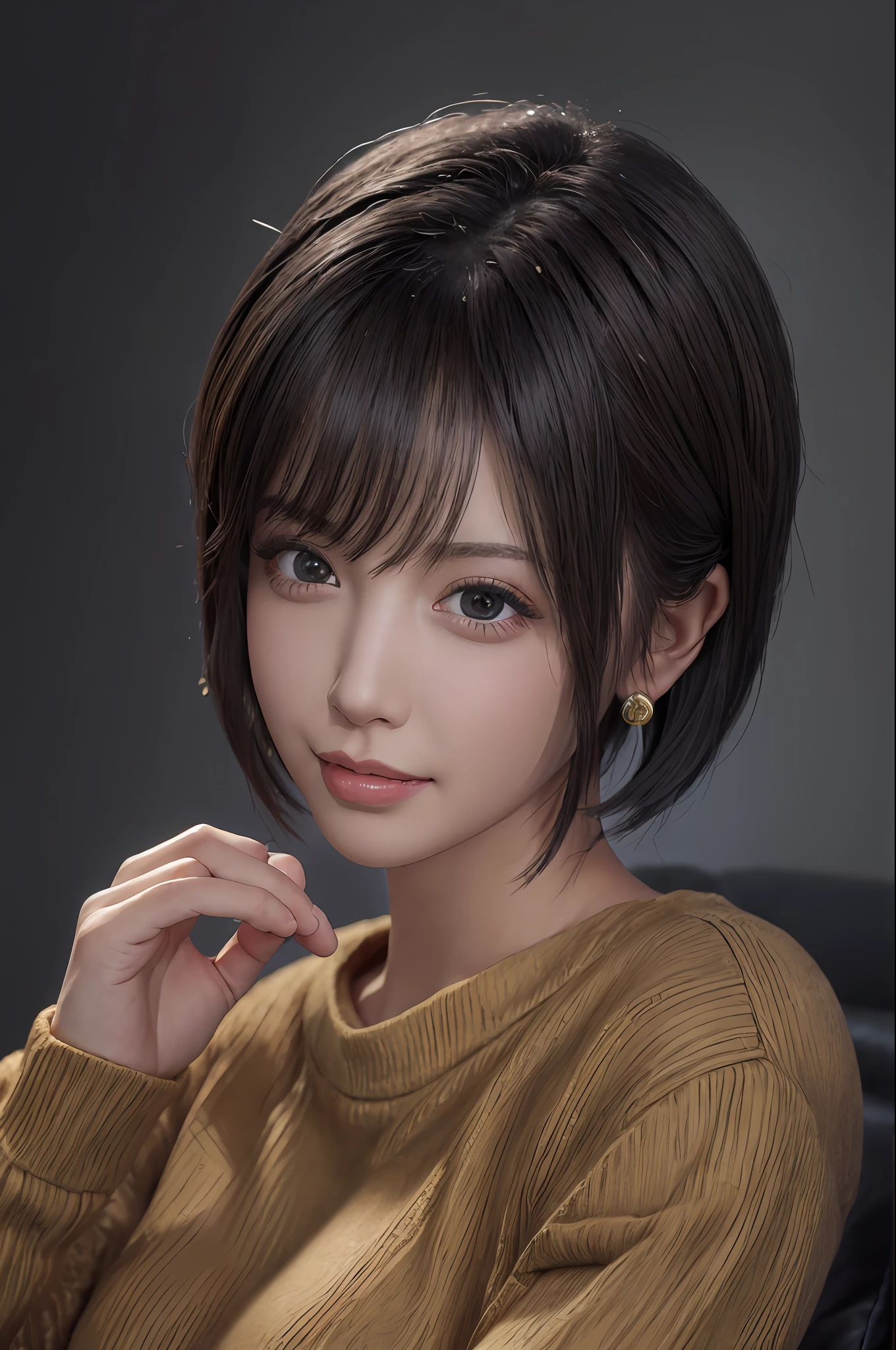Super smile、Open your mouth、Circle earrings、Chunky lips、(Masterpiece:1.3)、(8k、photorealistic、RAW photos、Best Quality: 1.4)、(1girl)、Beautiful Face、(realistic face)、(dark black hair、shorthair:1.3)、Beautiful Hairstyle、Realistic Eyes、Beautiful details、（realistic skin）、Beautiful skin、（sweater）、absurdity、alluring、Ultra high resolution、Ultra Realistic、High precision、Golden Ratio