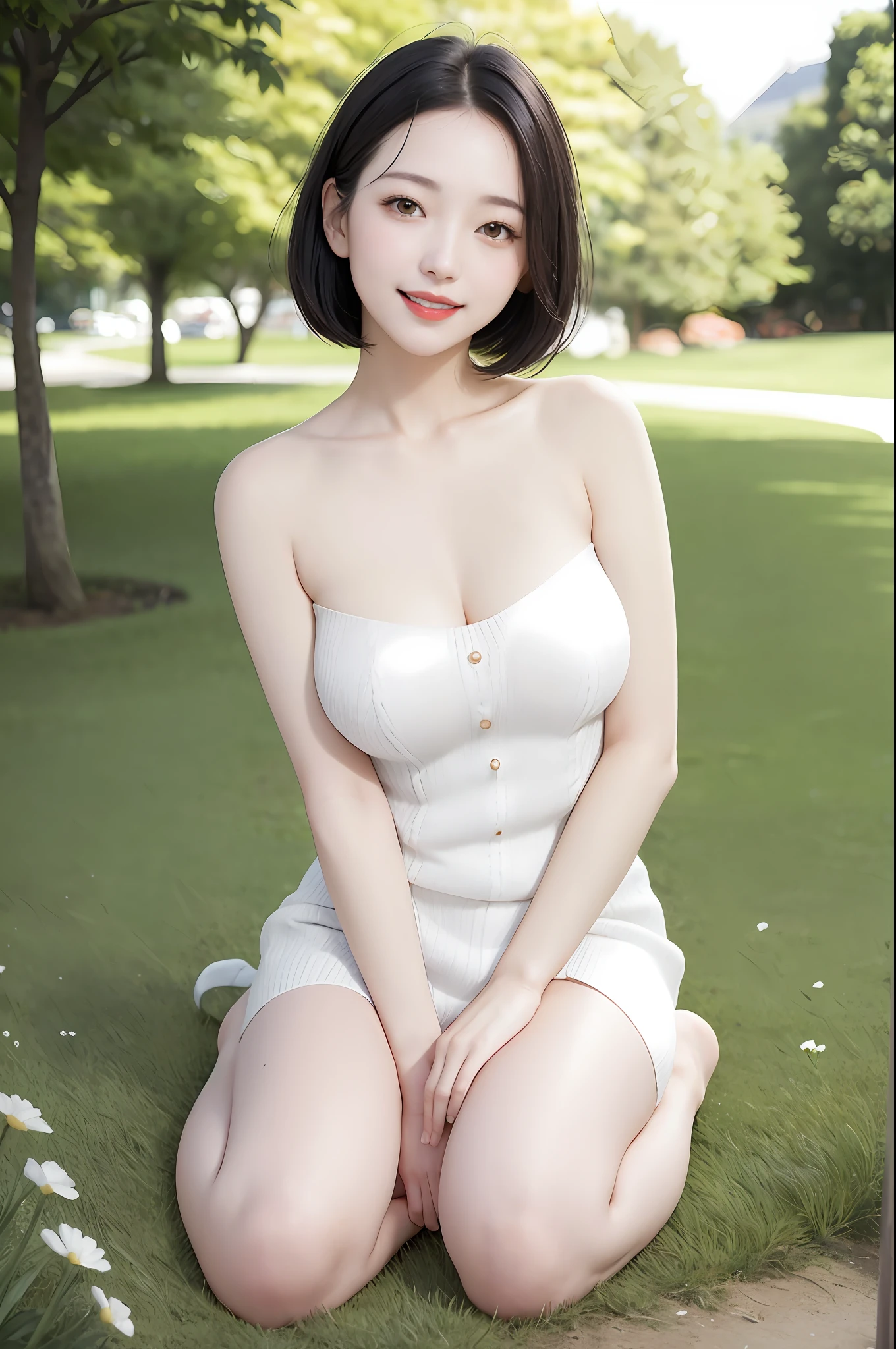 A japanese woman stands in a park where white clover blooms all around, exquisite and beautiful face, exquisite collarbone, seductive and delicate collarbone, charming fragrant shoulders, shoulders slightly exposed,  open-shoulder long sweater,sky blue sweater, pretty face, (peach Red lips:1.1), tender and smooth skin,(white skin:1.6),(black hair:1.1),(bob hair:1.2), short hair,(smile:1.2),smile with teeth, white teeth,very realistic details,  ultra-high resolution,bokeh,outstanding details, full body