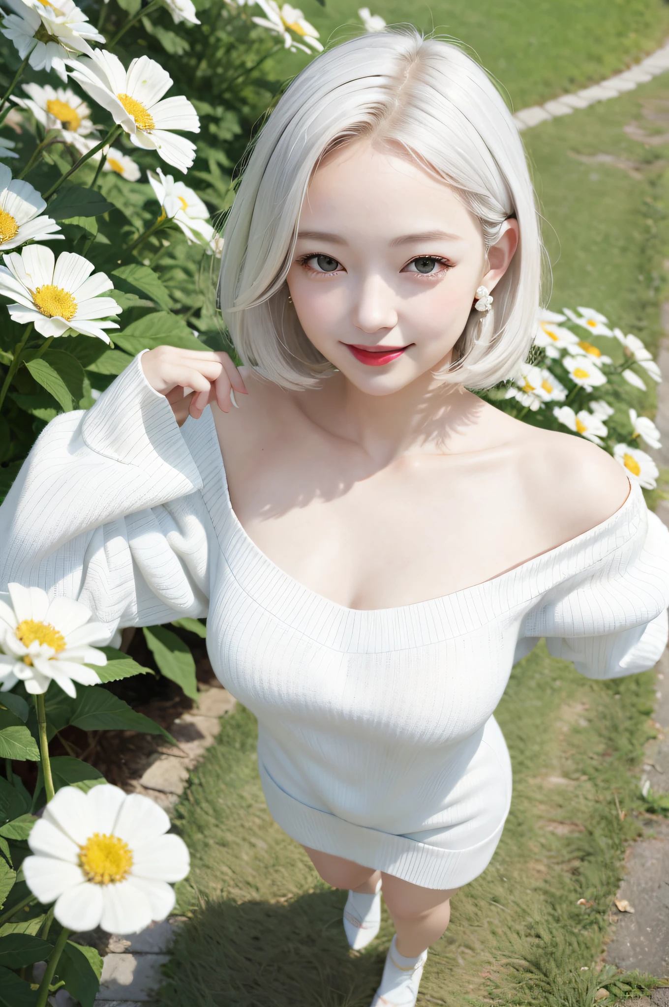 A japanese woman stands in a park where white clover blooms all around, exquisite and beautiful face, exquisite collarbone, seductive and delicate collarbone, charming fragrant shoulders, shoulders slightly exposed, open-shoulder long sweater,sky blue sweater, pretty face, (peach Red lips:1.1), tender and smooth skin,(white skin:1.6),(black hair:1.1),(bob hair:1.2), short hair,(smile:1.2),smile with teeth, white teeth,very realistic details, ultra-high resolution,bokeh,outstanding details, full body
