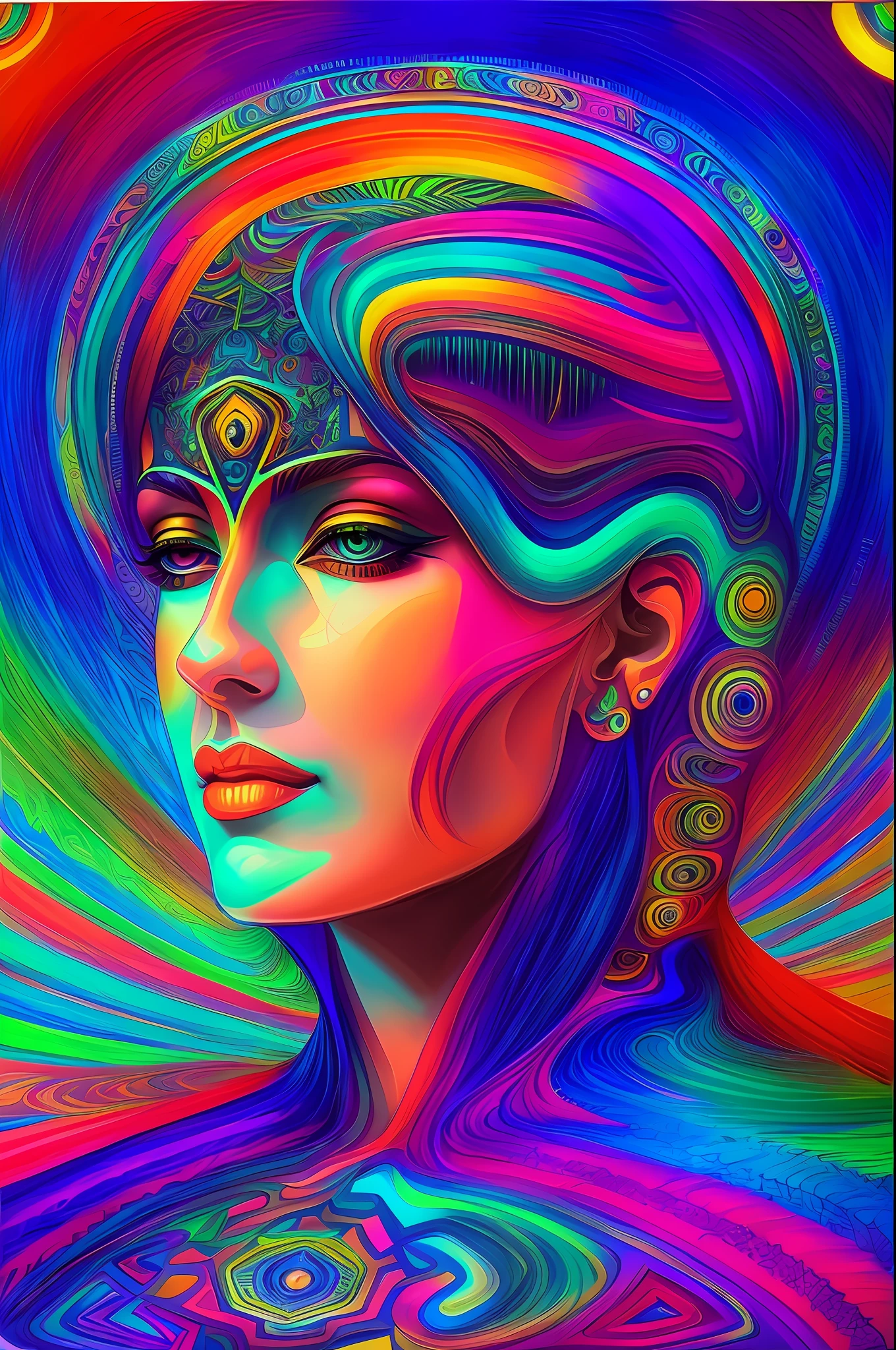 a painting of a woman with a psychedelic look on her face, psychedelic digital art, Arte DMT, psychedelic art, Alex Grey Arte, illusion psychedelic art, Estilo de Alex Grey, psychedelic goddess, psychedelic artwork, Alex Cinza, psychedelic art style, enlightenment tripping on dmt, Estilo Alex Grey, psychedelic surreal art, psychedelic organic cyborg, psychedelic therapy, visionary art style