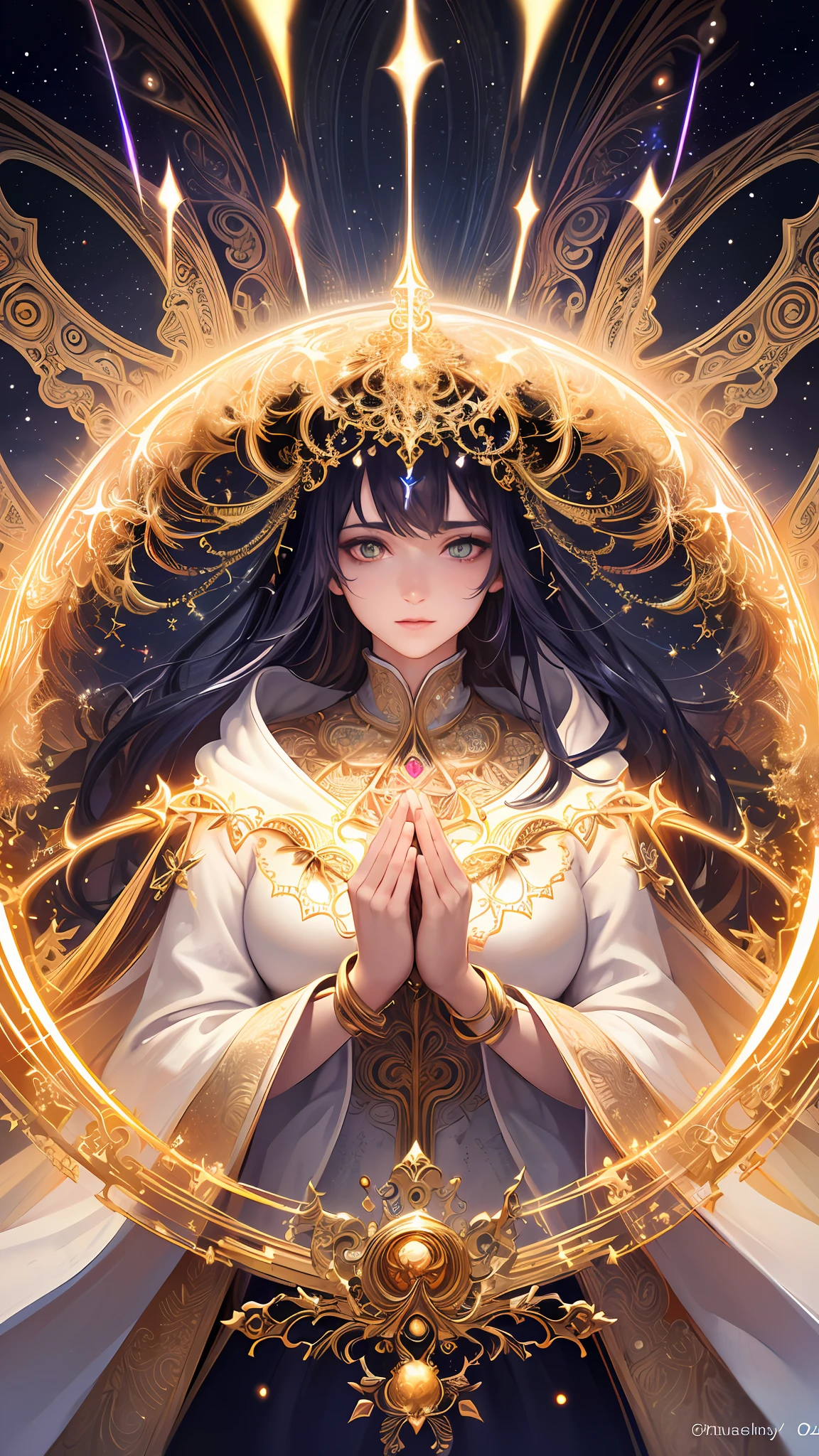 (masterpiece, top quality, best quality, official art, beautiful and aesthetic:1.2), (1girl), extreme detailed, (fractal art:1.3), colorful, highest detailed, perfect face, upper body, HDR, (praying:1.3), (white cloak golden lines:1.2), galaxy, (light streaks), striking visuals, (dynamic streaks, luminous trails:1.2), vibrant colors,