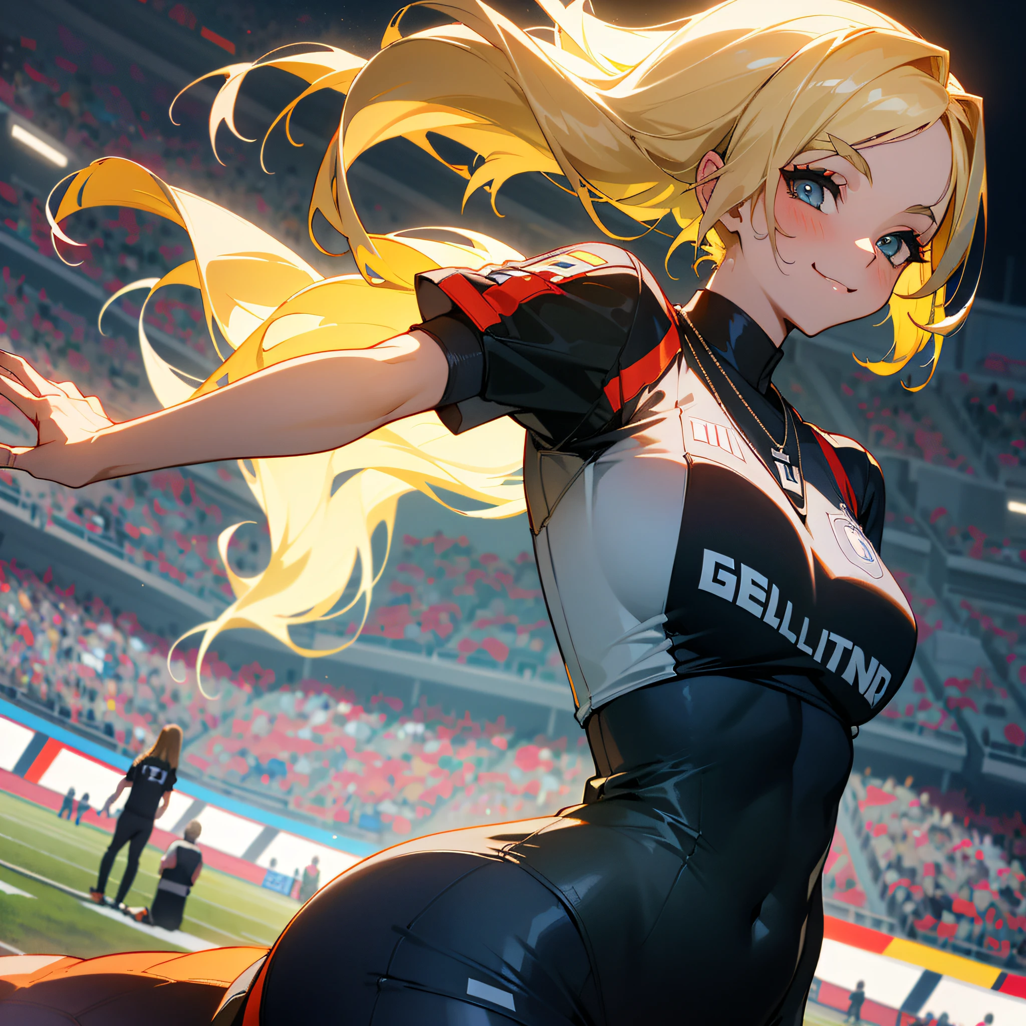 1girl, long hair, smile, hairstyle, ((Germany sleazy football shirt)), top and bikini, big breasts, big ass, (curvy), professional makeup, necklace, football stadium vacation, dynamic light, dynamic angle, (seductive poses), beautiful curves