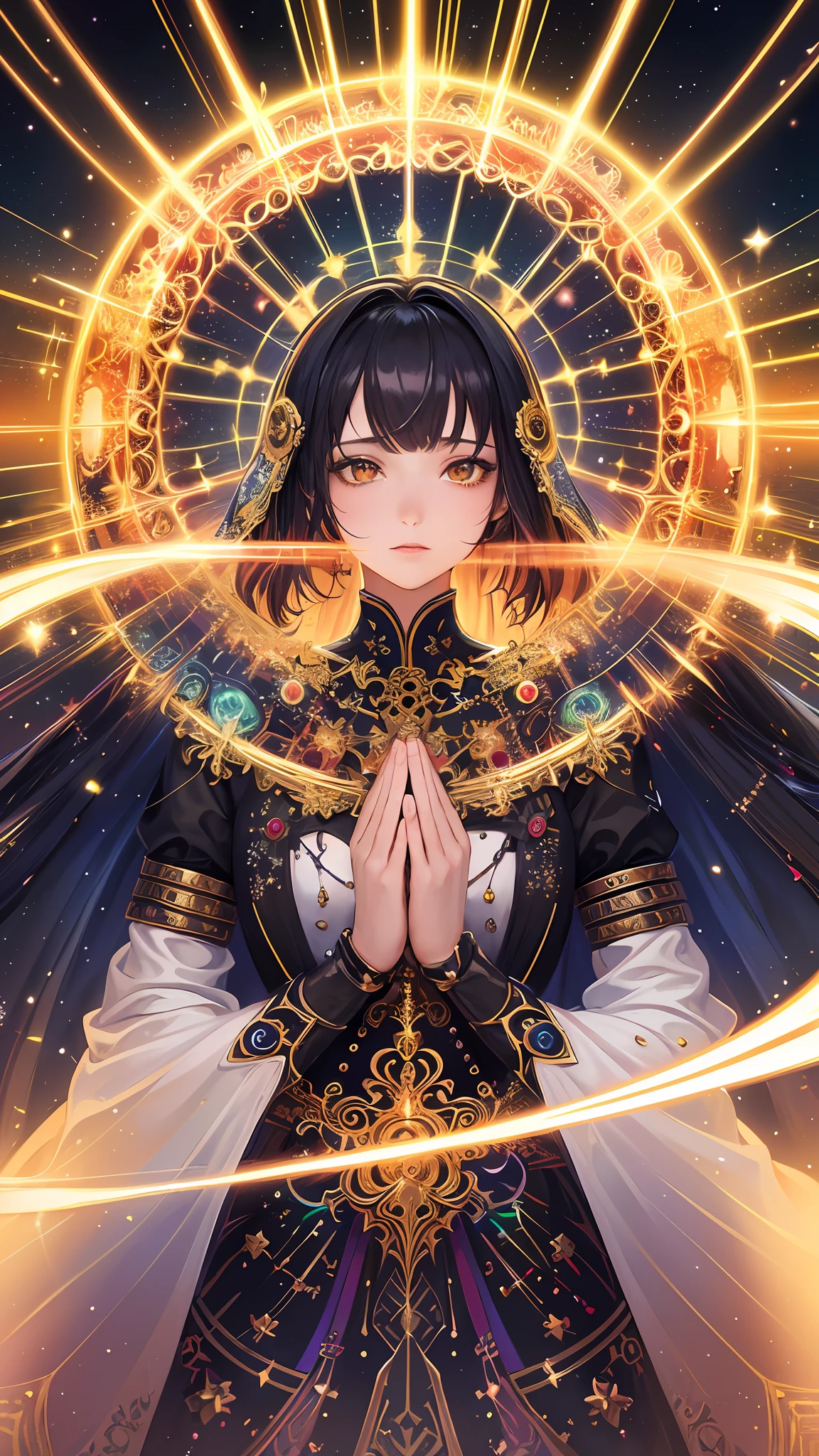 (masterpiece, top quality, best quality, official art, beautiful and aesthetic:1.2), (1girl), extreme detailed, (fractal art:1.3), colorful, highest detailed, perfect face, upper body, HDR, (praying:1.3), (white cloak golden lines:1.2), galaxy, (light streaks), striking visuals, (dynamic streaks, luminous trails:1.2), vibrant colors,