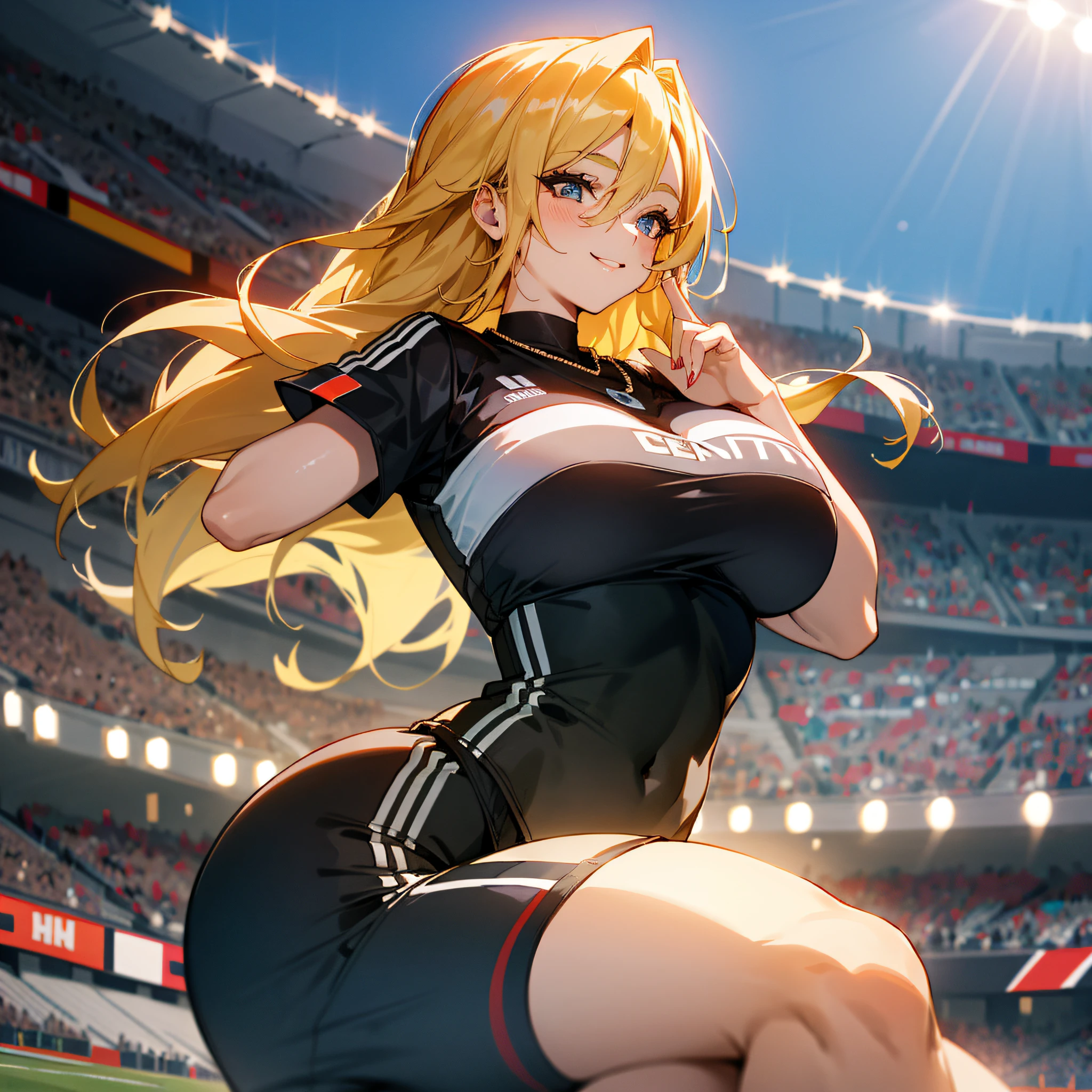 1girl, long hair, smile, hairstyle, ((Germany sleazy football shirt)), top and bikini, big breasts, big ass, (curvy), professional makeup, necklace, football stadium vacation, dynamic light, dynamic angle, (seductive poses), beautiful curves