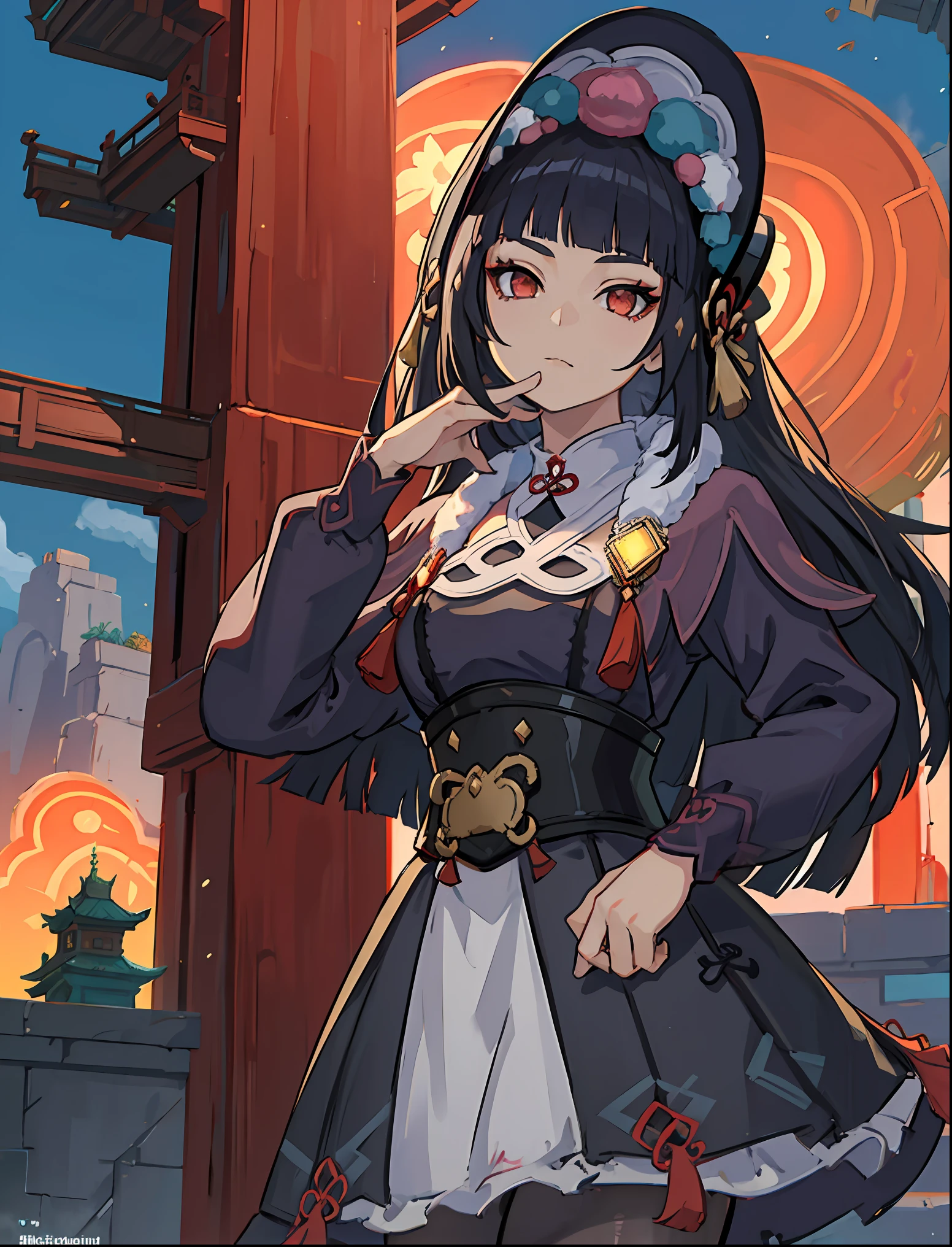 ((masterpiece:1.2)), best quality, pretty face, dramatic lighting,1girl, solo, blunt bangs, hime cut, black corset, black hair, collar, eyeshadow, (red eyeshadow), long hair, looking afar, makeup, pink capelet, qi ****ta, red eyes, puffy long sleeves, bonnet, purple dress, medium breasts, closed mouth, lips, hand up, skirt, black pantyhose, Pantyhose Showing Panties, wind blowing skirt, anime screencap, (night sky), east asian architecture, Liyue, tassel, black footwear,