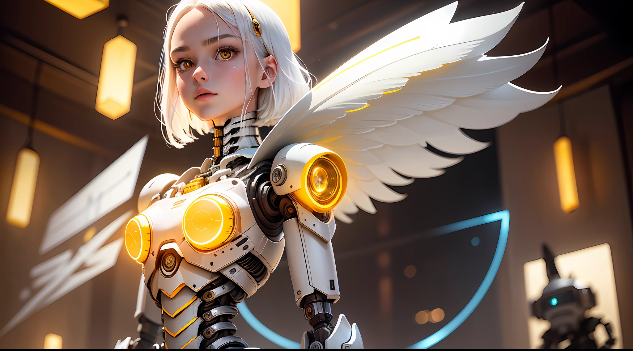 (Masterpiece:1.2), best quality, (illustration:1.2), (ultra-detailed), hyper details, (delicate detailed), (intricate details), (cinematic light, best quality Backlights), from below, solo female, perfect body, (1girl), white hair, glowing yellow eyes,clear line,(robot:1.2), robot head,Bare Metal Skeleton,white hair, ((glowing yellow eyes)), ( white clothes), turn head, high contrast, (best illumination, an extremely delicate and beautiful), ((cinematic light)), colorful