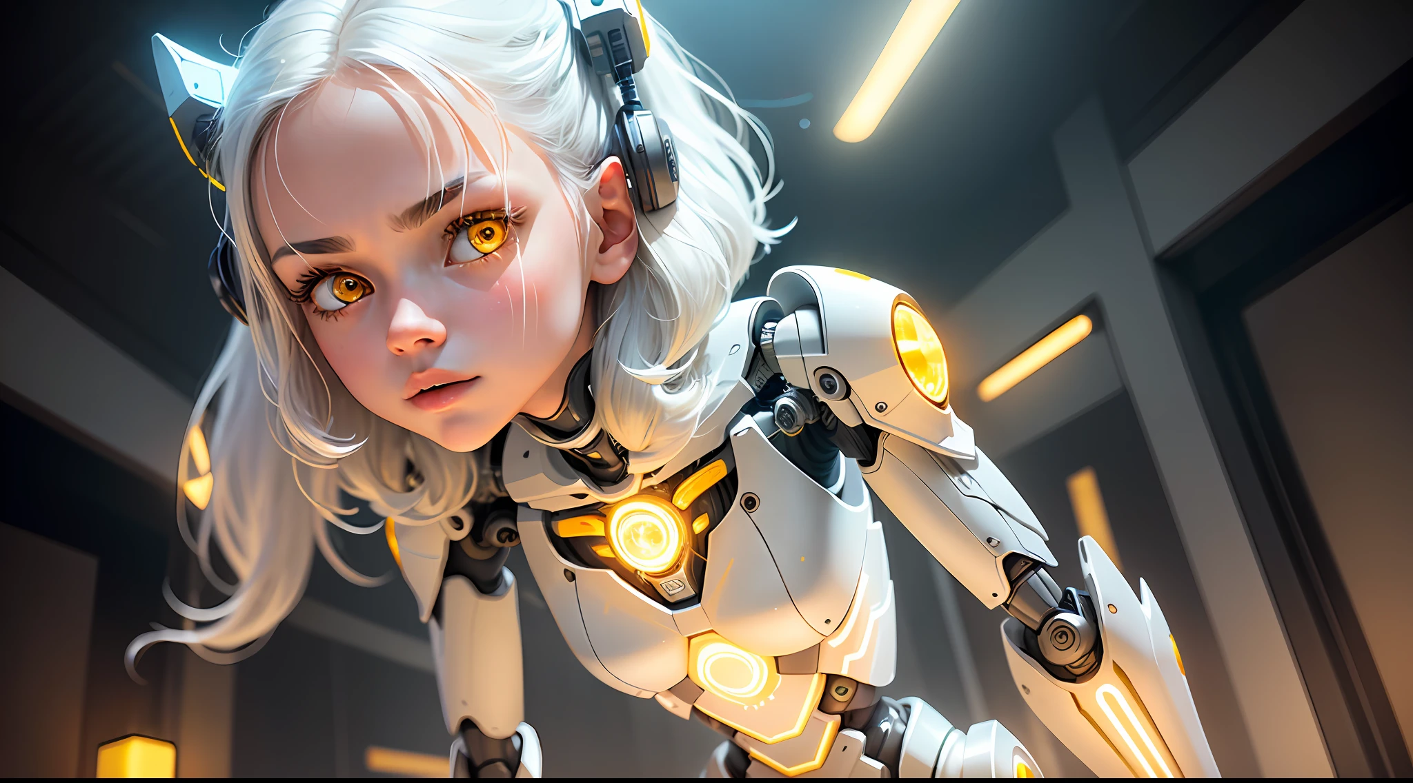 (Masterpiece:1.2), best quality, (illustration:1.2), (ultra-detailed), hyper details, (delicate detailed), (intricate details), (cinematic light, best quality Backlights), from below, solo female, perfect body, (1girl), white hair, glowing yellow eyes,clear line,(robot:1.2), robot head,Bare Metal Skeleton,white hair, ((glowing yellow eyes)), ( white clothes), turn head, high contrast, (best illumination, an extremely delicate and beautiful), ((cinematic light)), colorful