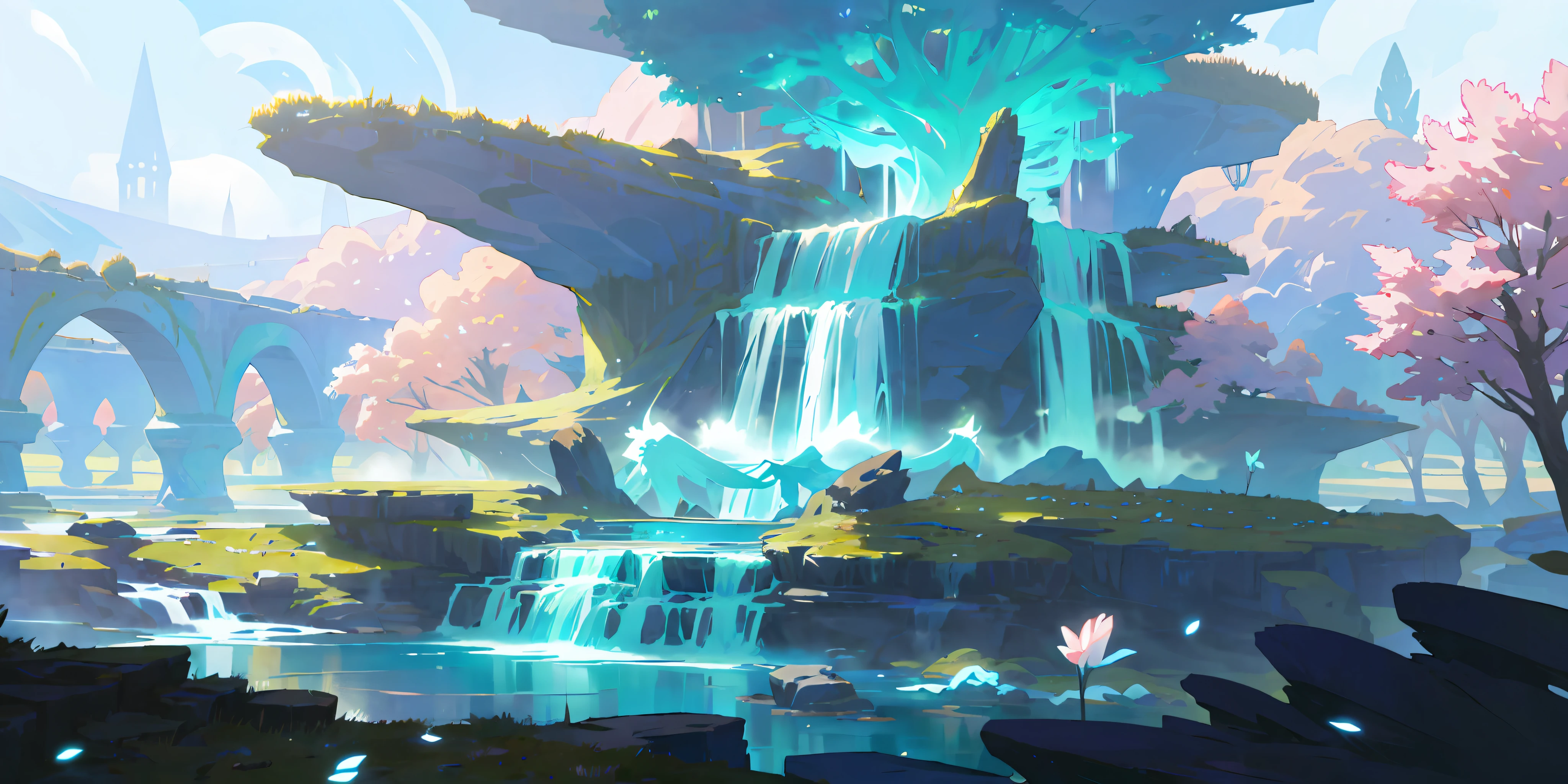 (masterpiece, best quality, high resolution, ultra_detailed:1.2),
(detailed_background), landscape, ((darkness, night: 1.5, moon, starry sky, milky_way)), ((flower: 1.6)),
Fantasy, light_particles, Ruins: 0.5, Pond|River, Stone Forest|Pillar, Waterfall, Cliff, Cherry Blossom, Floating, Style Petal: 0.5, (Style-Inner Cloth Magic: 1.5), Mist: 0.4