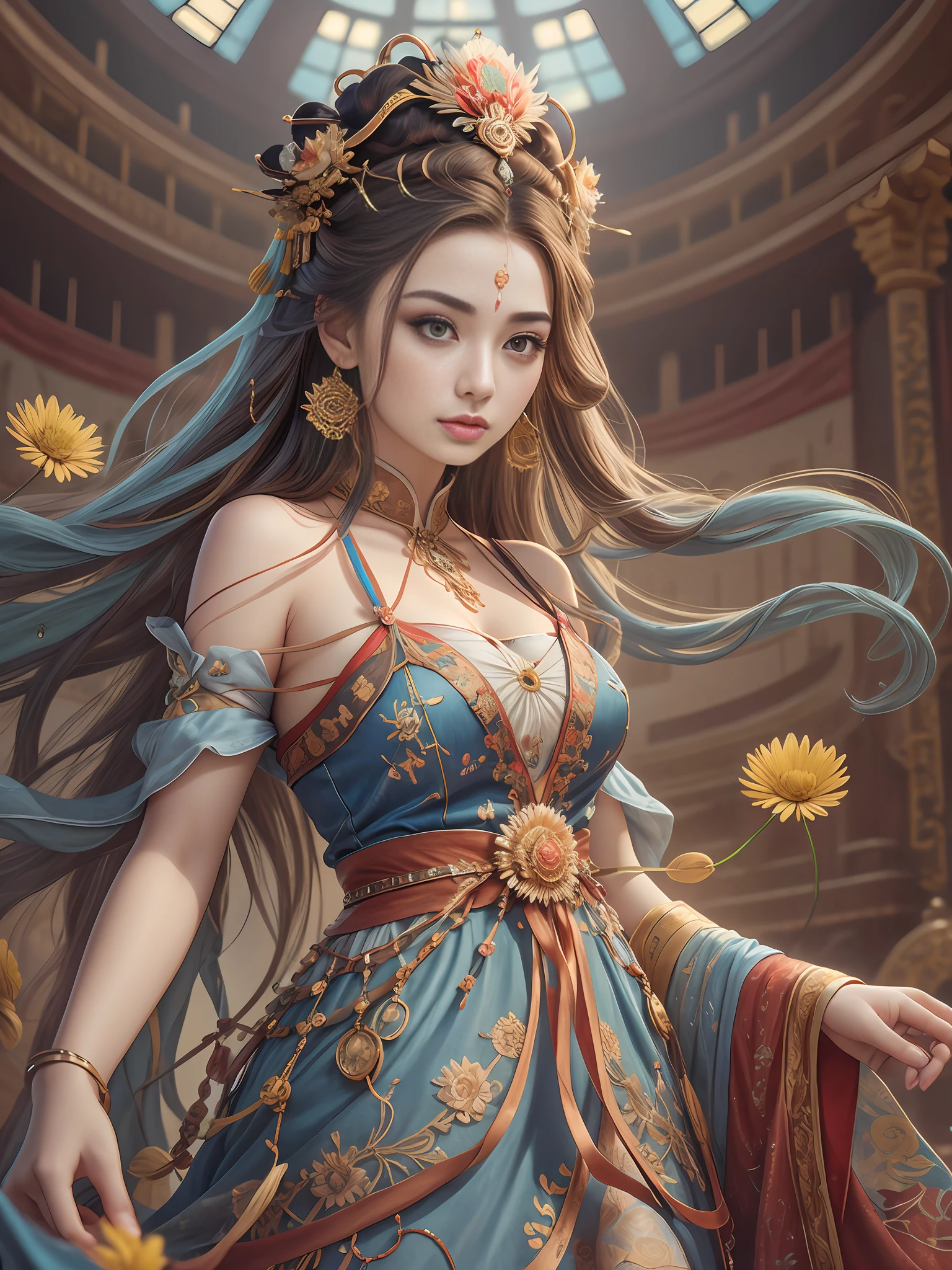 Best Quality, Masterpiece, Ultra-Detailed High Resolution, (Realistic: 1.4), Original Photo, , Illustration, 1 Girl, Handheld Weapon, (Solo Exhibition: 1.2), (Denim Lens: 1.2), (Hair Crown: 1.2), Chinese Dunhuang Traditional Costume, No Straps, (Red Eyeliner: 1.2), (Black Eyes: 1.4), Earrings, Dynamic Angle, Opera House, messy_long_hair, Ink, Movie Lights, lens_flare, Velvet, Chrysanthemum, Tassels, Ribbon, colorful embroidery, upper body, facing the camera, dynamic pose, large chest, embroidered cloth shoes