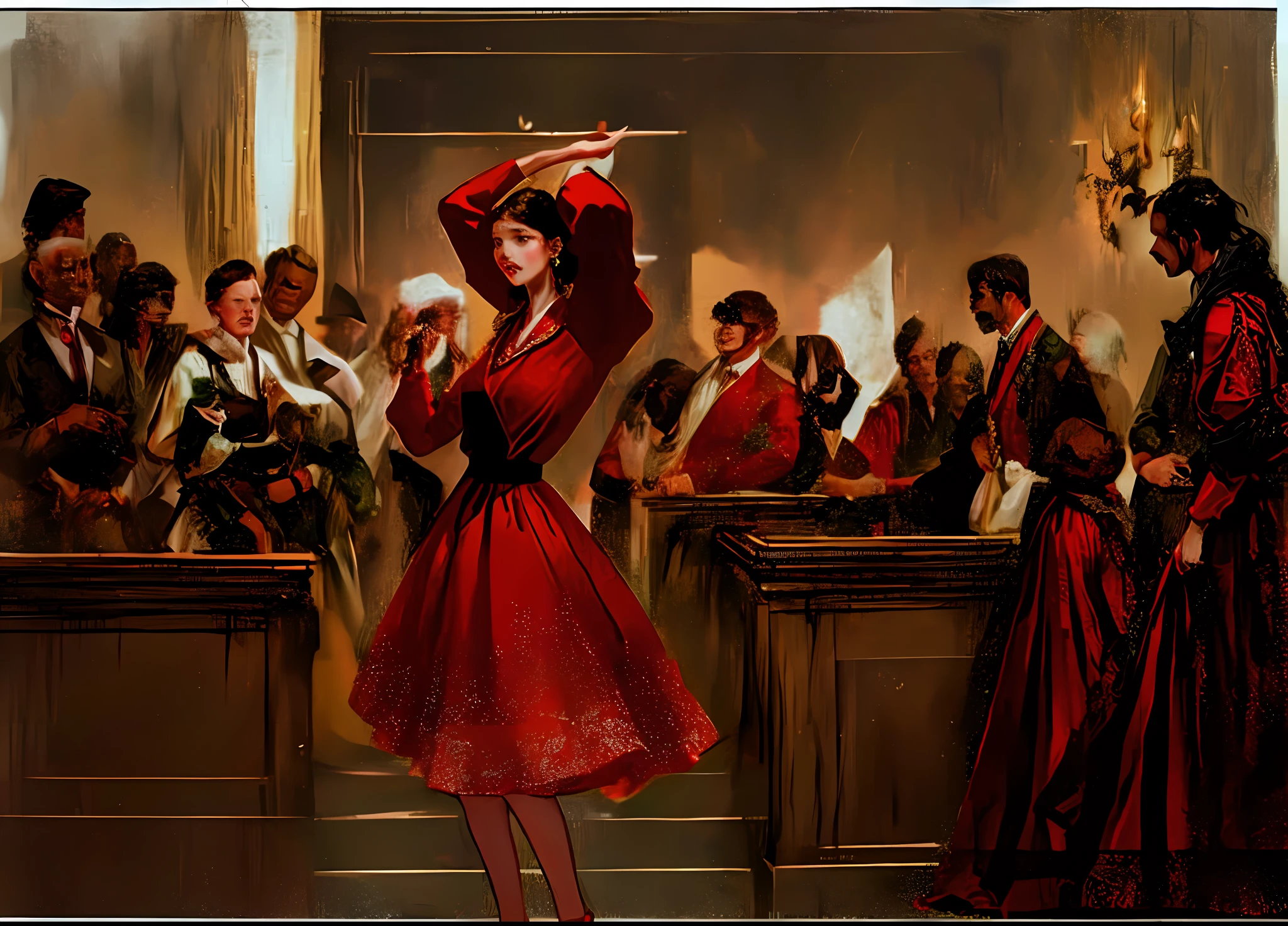 Caucasian woman in red dress talking to crowd, giving a speech, courtroom scene,