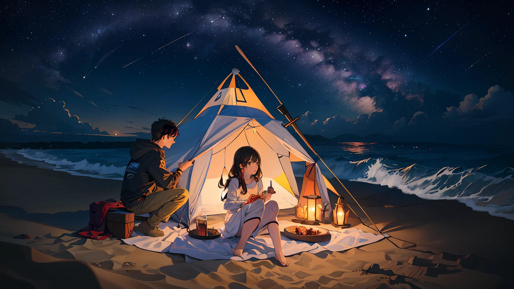 1girl, 1boy, beach, milkway, sea, camp fire, tent, night;,