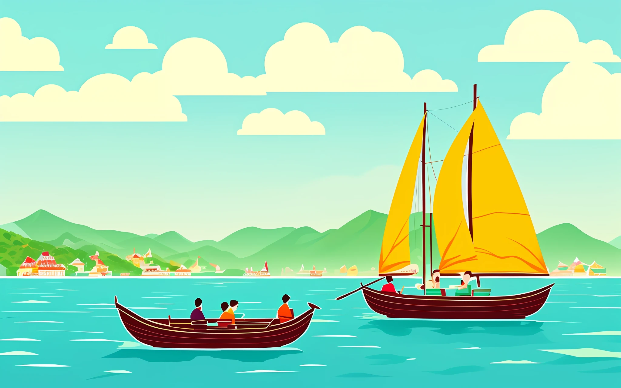 There are many people on the water boat，People on board rowing，There are two boats in total，The boat is a dragon boat，Dragon head boat，There are no sails，Mountain-like rice dumplings，Zongzi Mountain，full page illustration，portfolio illustration，detailed digital illustration，poster illustration，flatillustration，full color illustration，colored illustration，full page illustration，game illustration，digital illustration，illutstration，editorial illustration colorful，commercial illustration，colored illustration，a beautiful artwork illustration，5 d illustration