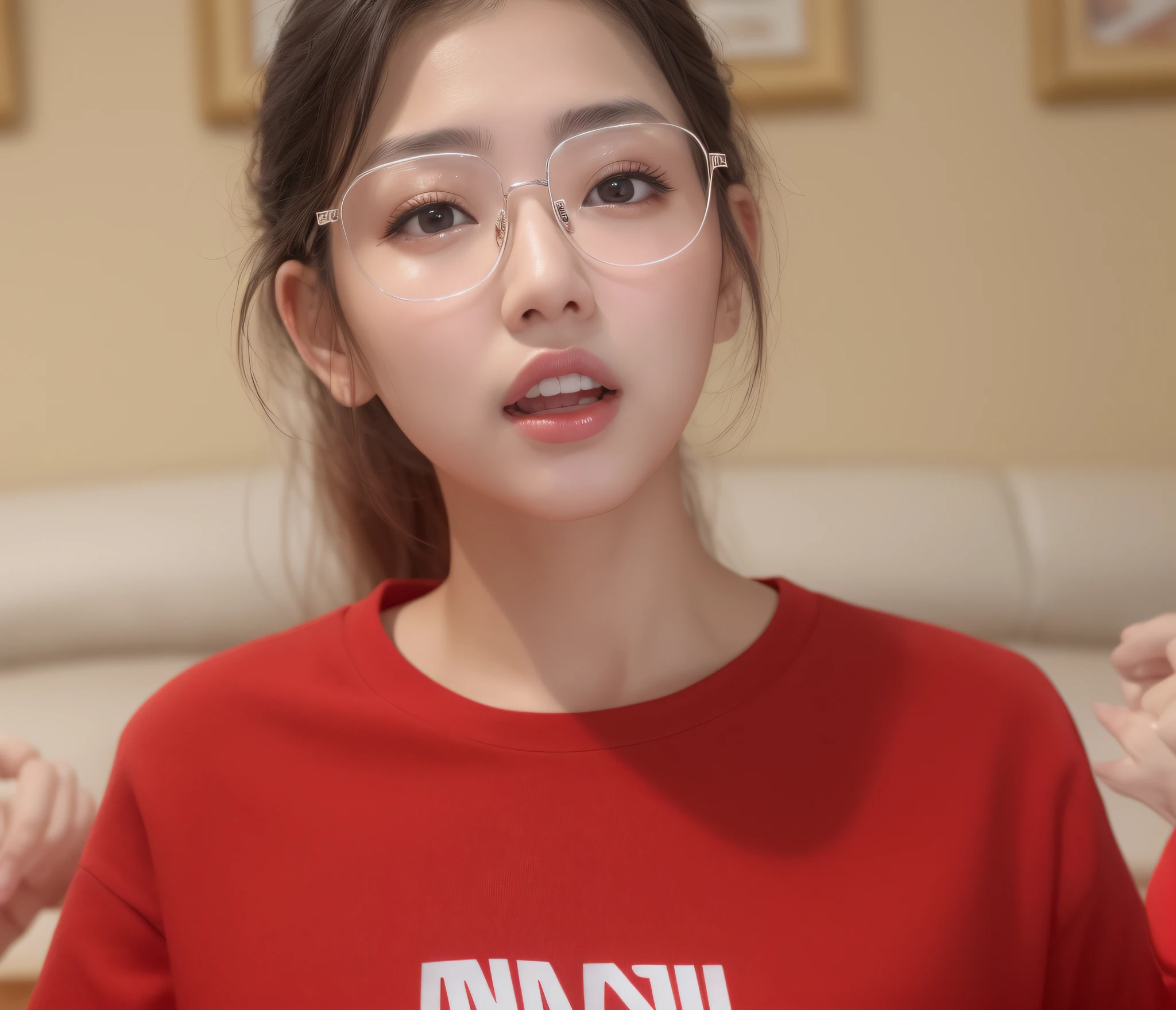 a close up of a person wearing glasses and a red shirt, wan adorable korean face, korean girl, gorgeous young korean woman, beautiful south korean woman, with glasses, young adorable korean face, heonhwa choe, beautiful young korean woman, korean woman, gorgeous chinese model, jaeyeon nam, cute korean actress, she is korean, wearing thin large round glasses