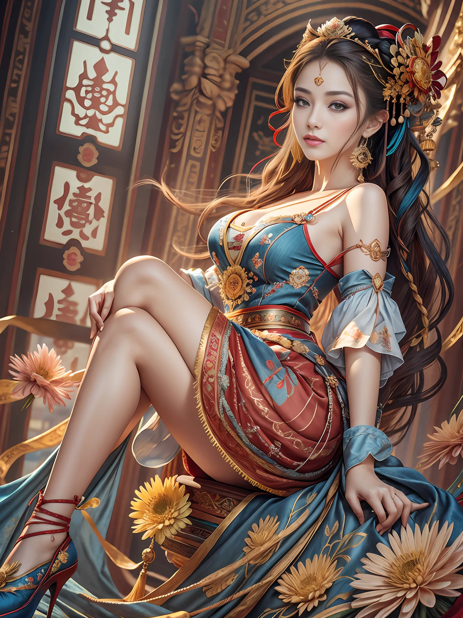 Best Quality, Masterpiece, Ultra-Detailed High Resolution, (Realistic: 1.4), Original Photo, , Illustration, 1 Girl, Handheld Weapon, (Solo Exhibition: 1.2), (Denim Lens: 1.2), (Hair Crown: 1.2), Chinese Dunhuang Traditional Costume, No Straps, (Red Eyeliner: 1.2), (Black Eyes: 1.4), Earrings, Dynamic Angle, Opera House, messy_long_hair, Ink, Movie Lights, lens_flare, Velvet, Chrysanthemum, Tassels, Ribbon, colorful embroidery, upper body, facing the camera, dynamic pose, large chest, embroidered cloth shoes