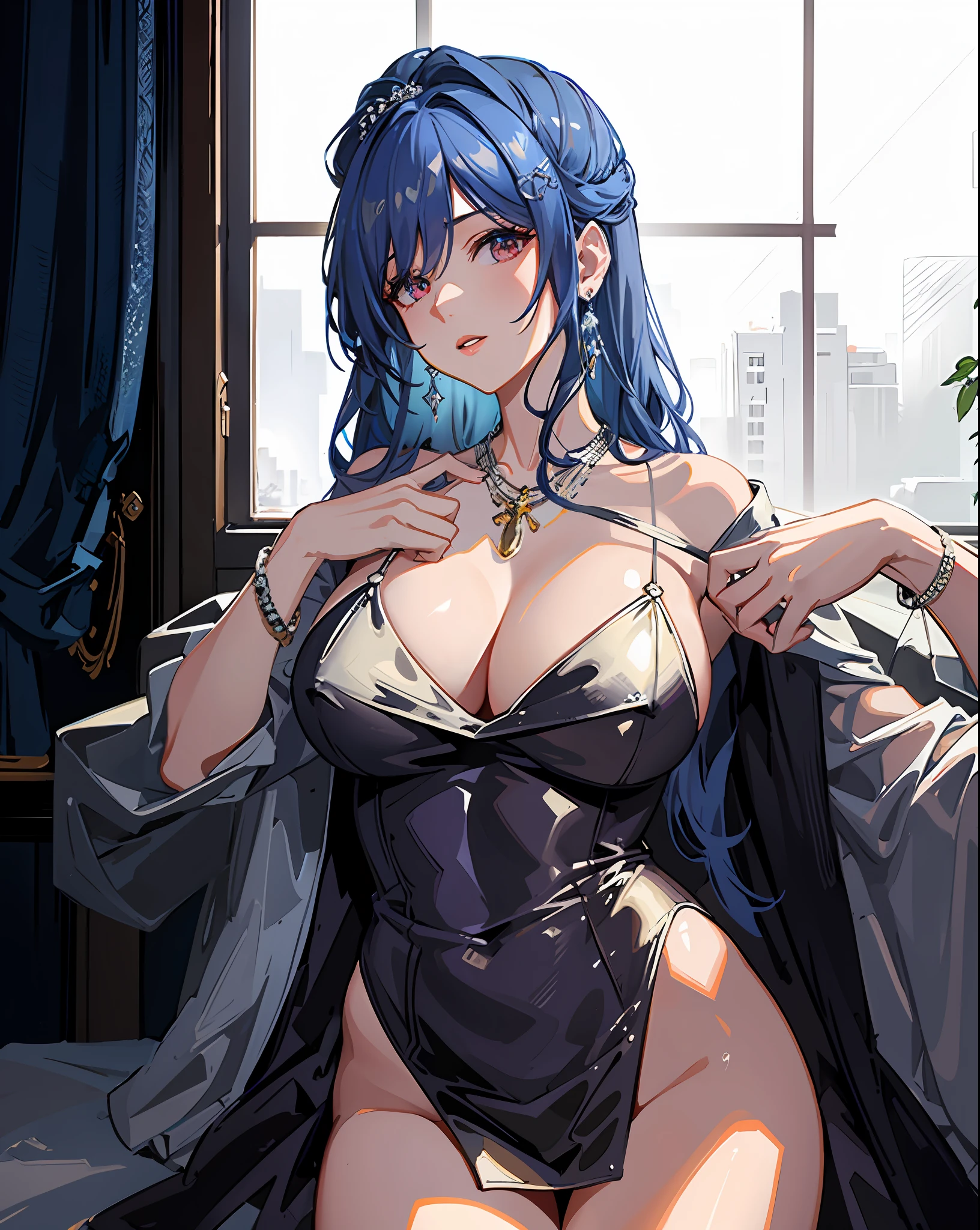((masterpiece, best quality)),
st. louis \(luxurious wheels\) \(azur lane\), highres, highest quallity, illustration, cinematic light, ultra detailed, detailed face, (detailed eyes), best quality, hyper detailed, masterpiece, (detailed face), large breasts, hair ornament, earrings, necklace, portrait, silver dress, revealing clothes,highest details, luminous eyes, (hotel:1.2), sitting in bed, sitting, bed, window, night sky, backlighting, light rays, (high contrast), (colorful),