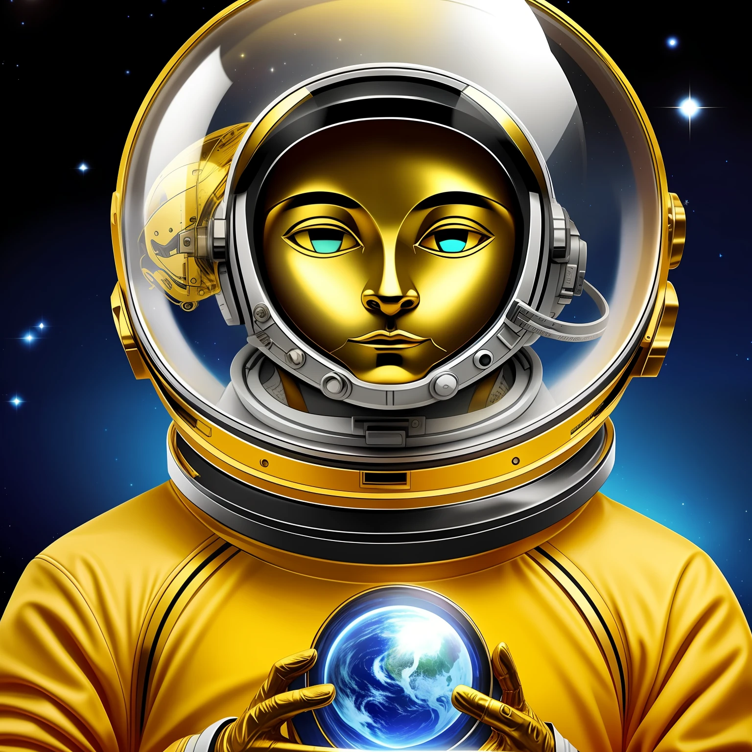 Gato dourado e plateado com fone de ouvido ,with transparent space helmet in his hands ,in space with golden background and blue stars,guerreiro,rei,artista,empresario