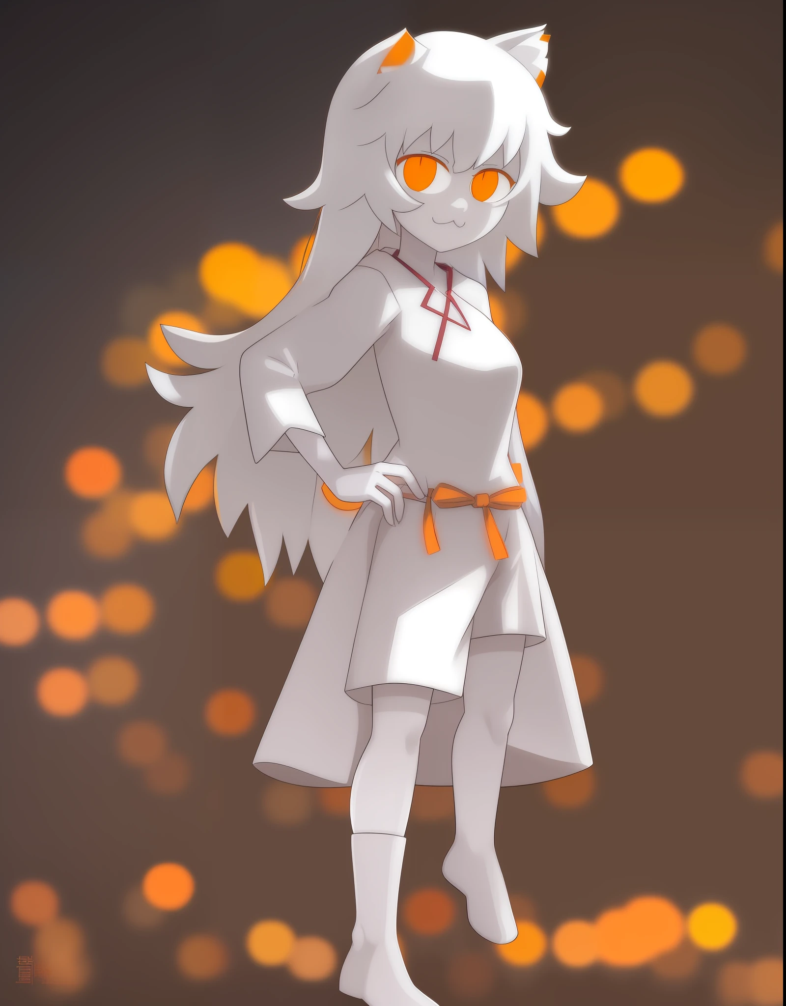 necoarc, dark hanekawa \(bakemonogatari\), masterpiece, :3, best quality, full body, 1girl, catgirl, slit pupils, white hair, yellow pupils, pale orange pajamas, mid sized breasts, cute, whiskers, no headwear, very pale orange insides of ears, night tokyo background