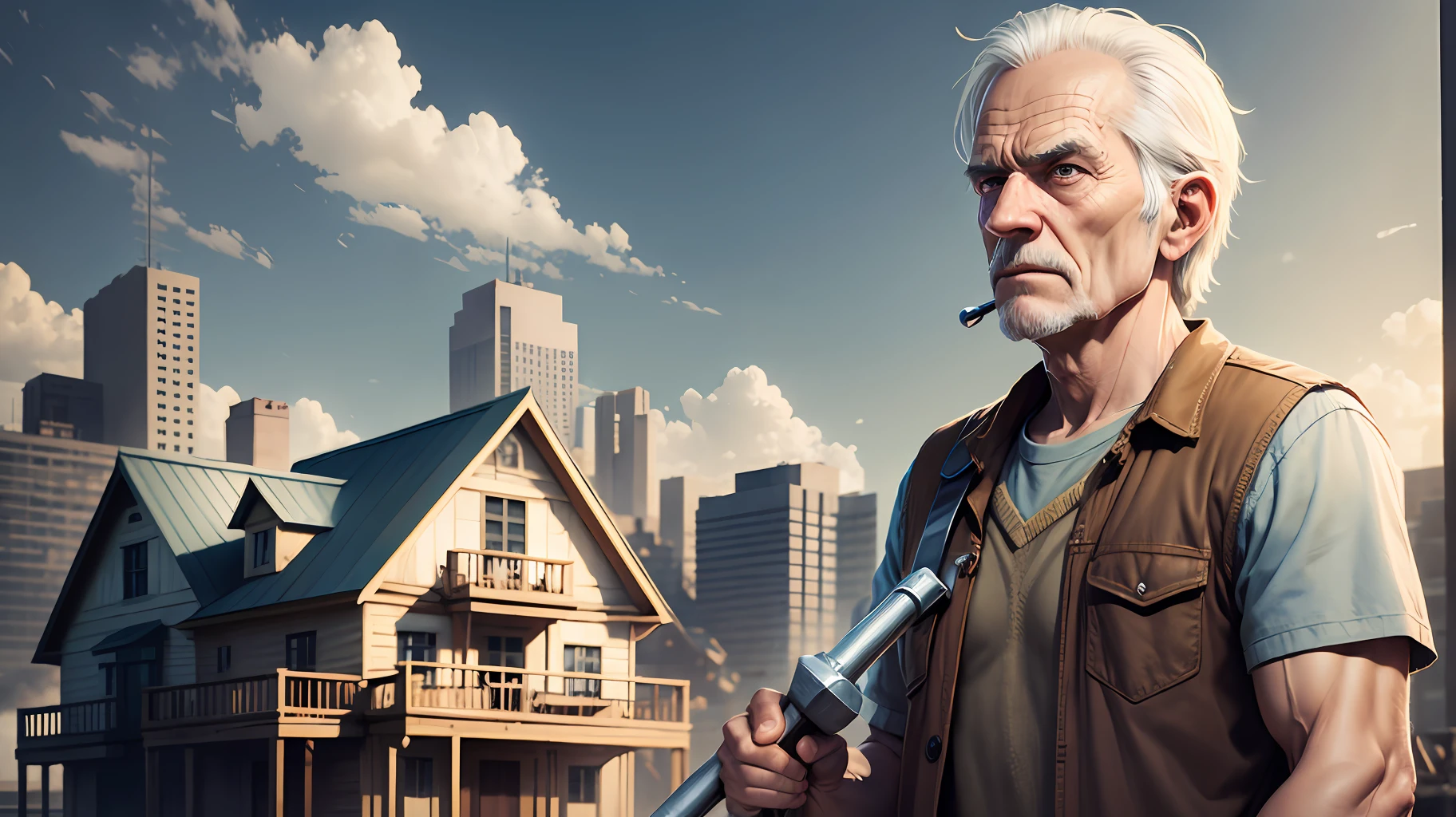 Skinny old man with hammer in hand,tired face,building house, ultra realistic --auto --s2