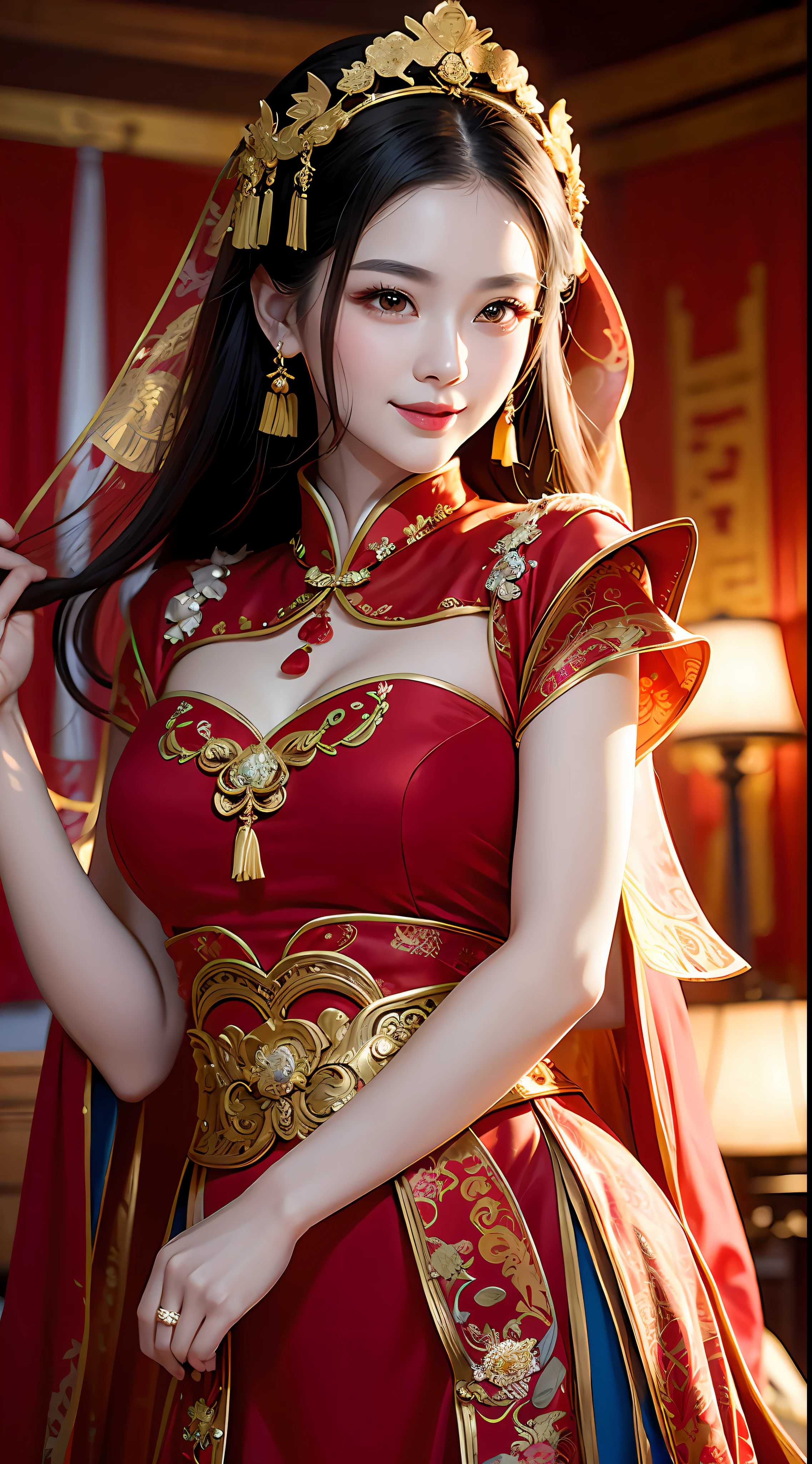 (8k, RAW Photo, Best Quality, Masterpiece: 1.2), (Realistic, Realistic: 1.37), 1 Girl, Aalfi Woman Posing for Photo in Red Dress and Headdress, Gorgeous Role Play, Beautiful Costume, Complex Fantasy Dress, Beautiful Fantasy Queen, Chinese Dress, Complex Dress, Complex Costume, Traditional Beauty, Gorgeous Chinese Model, Chinese Costume, Inspired by Lan Ying, Wearing Gorgeous Costume, Inspired by Puhua, wearing elegant Chinese Xiuhe dress, Chinese wedding dress, Phoenix crown Xia hand, antique bride, show dress, close-up, close-up, smile