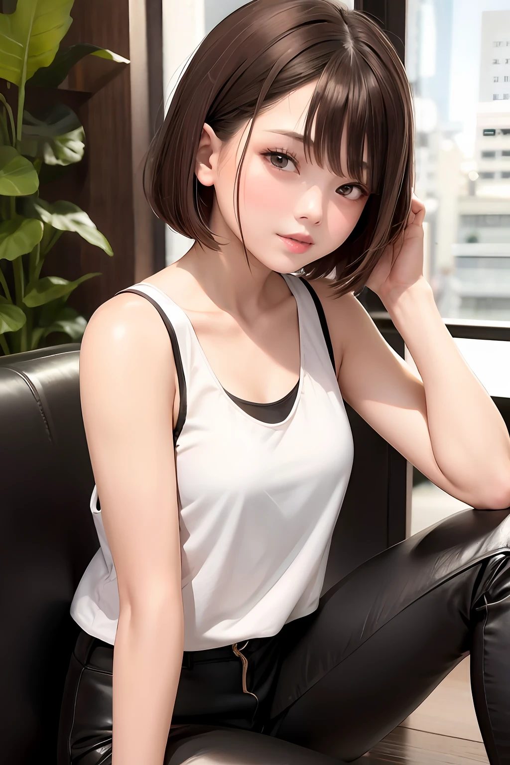 Reader Model、20-year-old woman、japanes、Brown hair、Medium shorthair、sexy、White tank top、Black leather pants、Background downtown、CUTE、real
