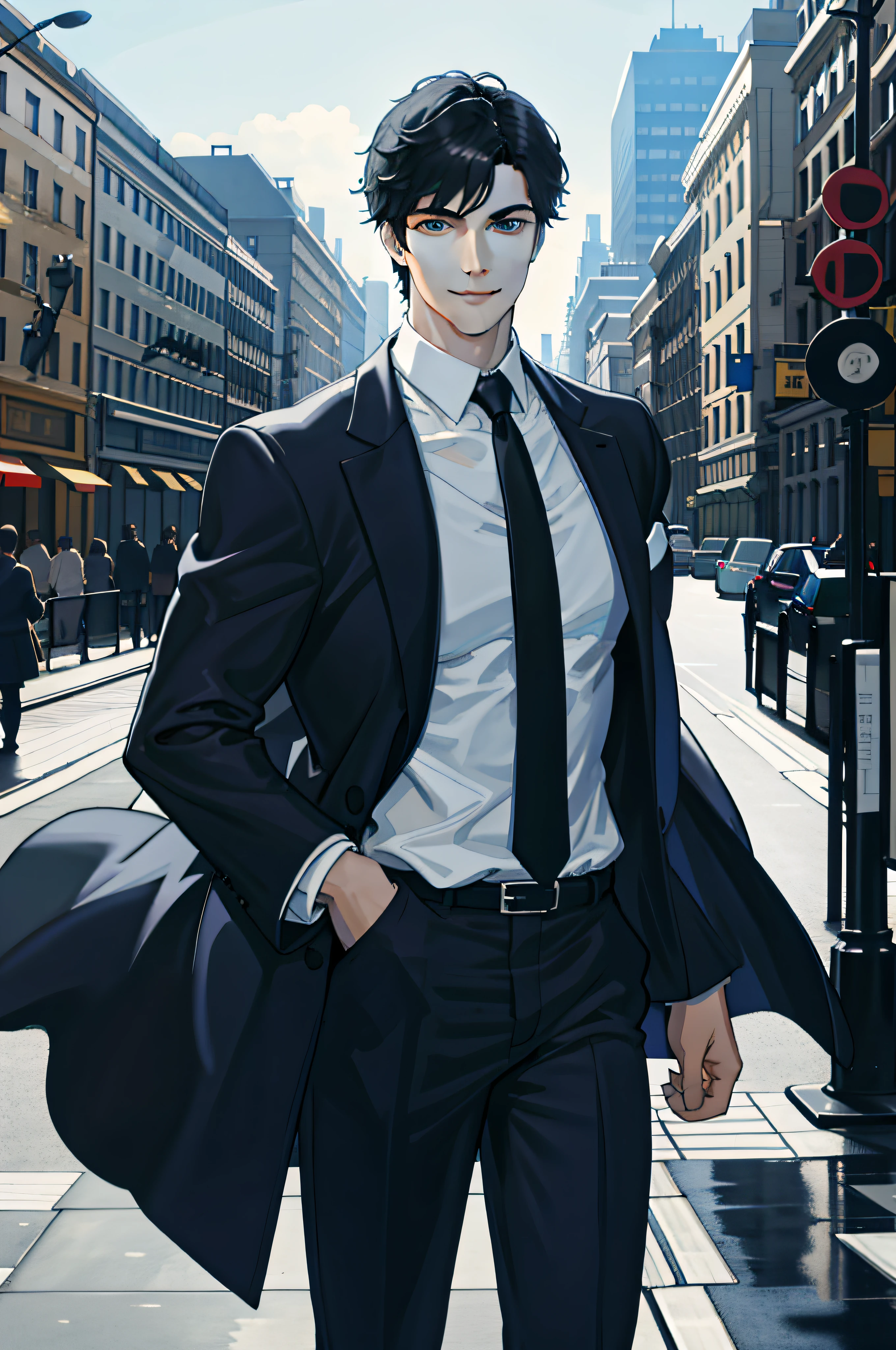 masterpiece, best quality, 1 male, adult, handsome, tall muscular guy, broad shoulders, finely detailed eyes and detailed face, extremely detailed CG unity 8k wallpaper, intricate details, very short hair, best ratio four finger and one thumb, neat suit and coat, modern urban scenery, street, skyscraper, afternoon, best light and shadow, smile, pomade, depth of field