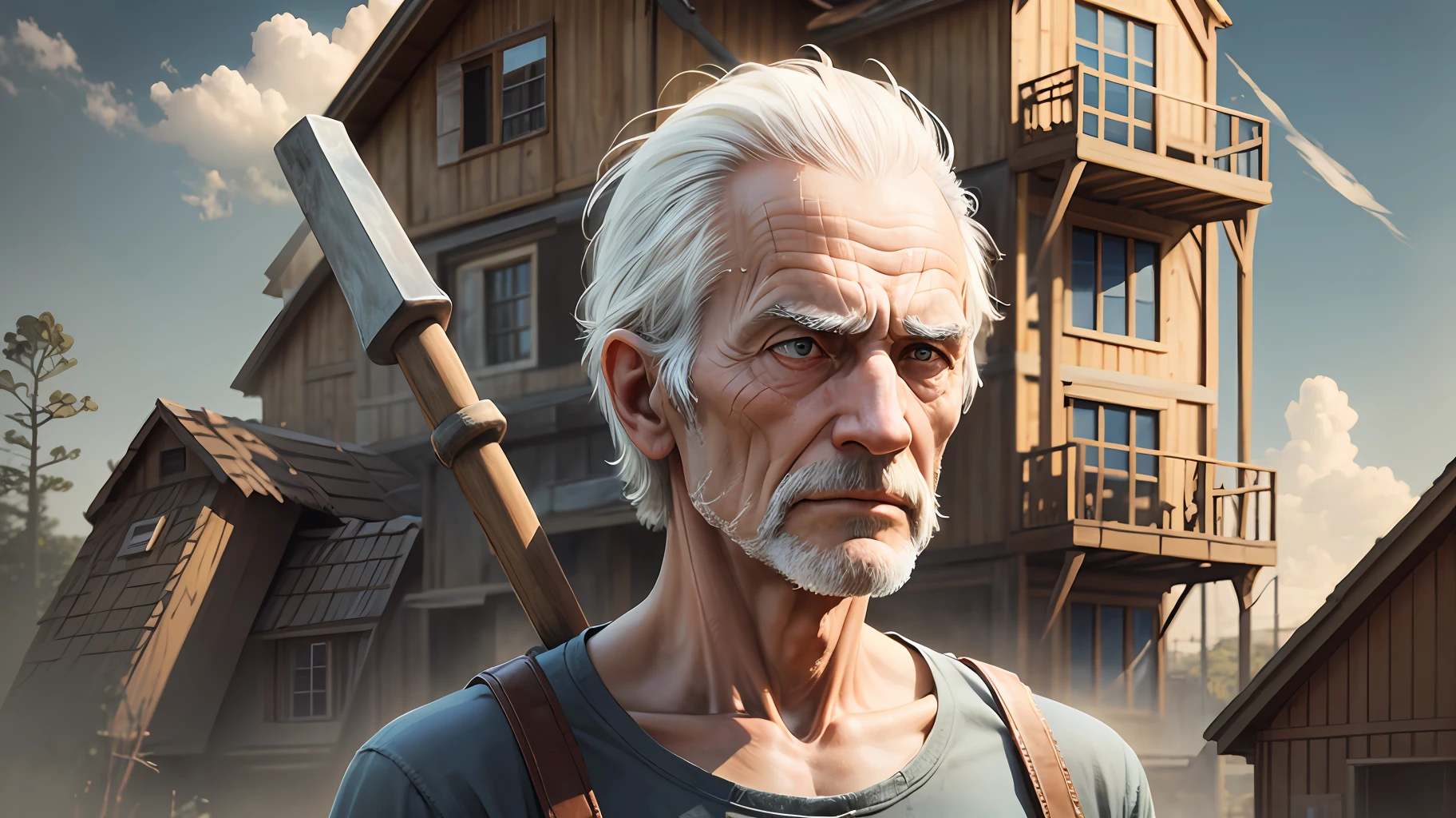Skinny old man with hammer in hand,tired face,building house, ultra realistic --auto --s2