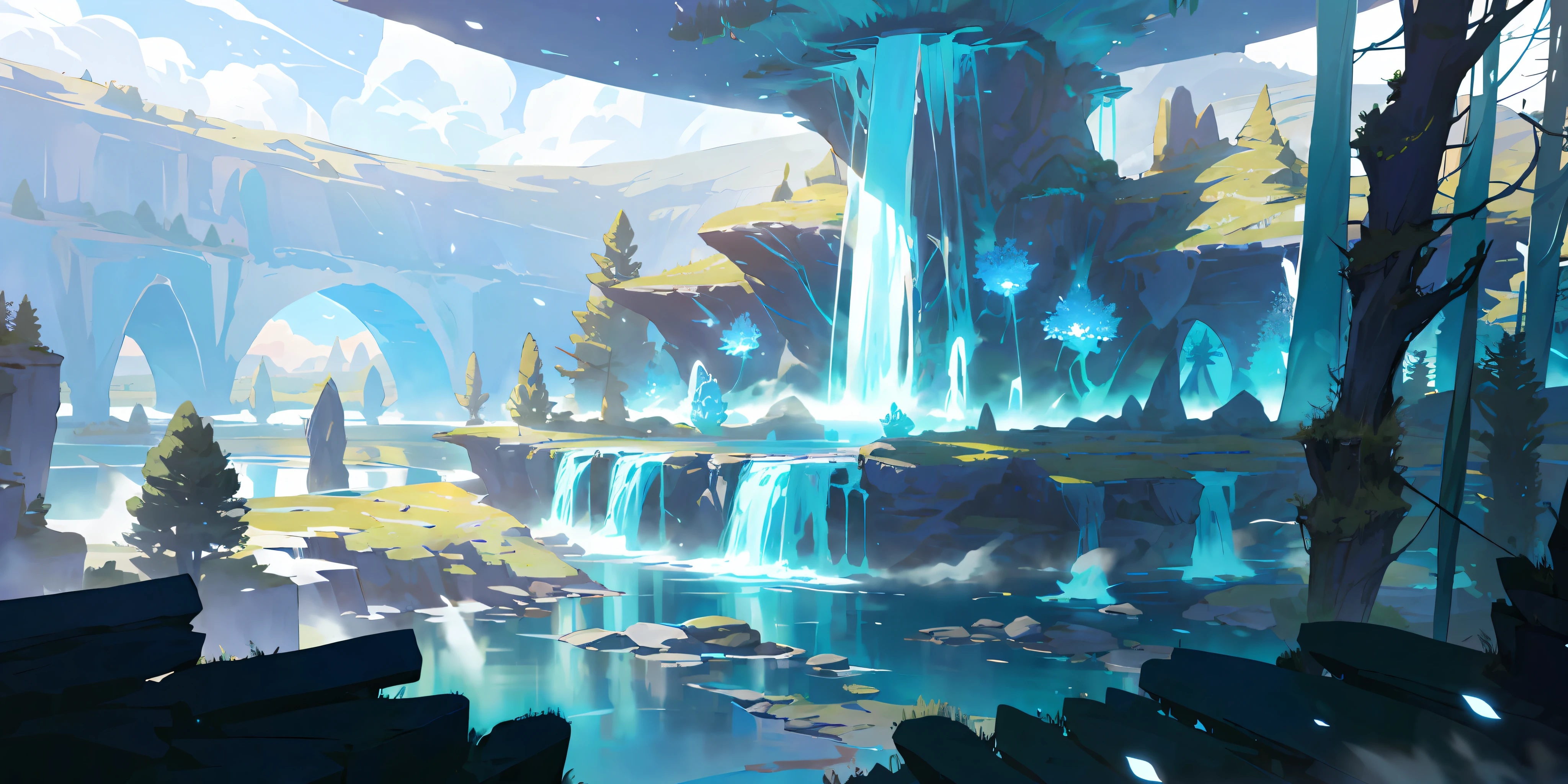 (masterpiece, best quality, high resolution, ultra_detailed:1.2),
(detailed_background), landscape, ((darkness, night: 1.5, moon, starry sky, milky_way)), ((flower: 1.6)),
Fantasy, light_particles, Ruins: 0.5, Pond|River, Stone Forest|Pillar, Waterfall, Cliff, Cherry Blossom, Floating, Style Petal: 0.5, (Style-Inner Cloth Magic: 1.5), Mist: 0.4