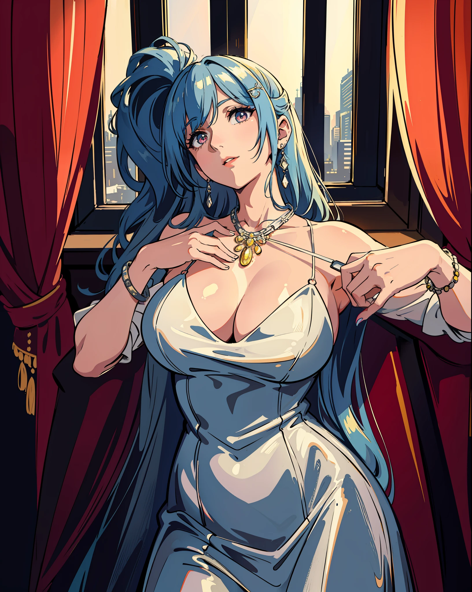 ((masterpiece, best quality)),
st. louis \(luxurious wheels\) \(azur lane\), highres, highest quallity, illustration, cinematic light, ultra detailed, detailed face, (detailed eyes), best quality, hyper detailed, masterpiece, (detailed face), large breasts, hair ornament, earrings, necklace, portrait, silver dress, revealing clothes,highest details, luminous eyes, (hotel:1.2), sitting in bed, sitting, bed, window, night sky, backlighting, light rays, (high contrast), (colorful),