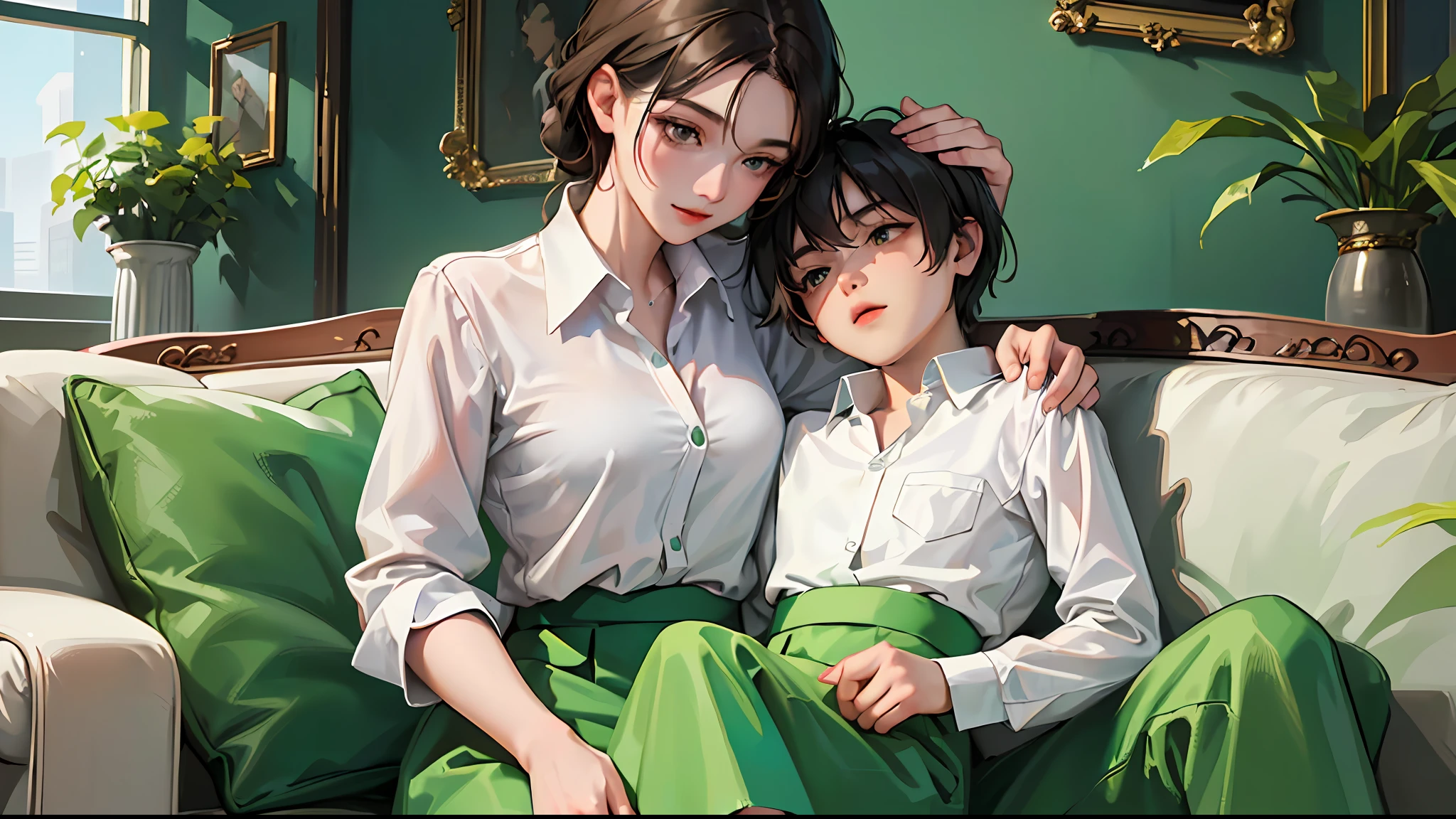 A woman in a white shirt and a green skirt sits on a sofa, (((a boy lies on the couch with his head on the woman's lap))), a white shirt and a green skirt, wearing a shirt, office clothes, the woman sits on the couch and the boy's head lies on the woman's lap